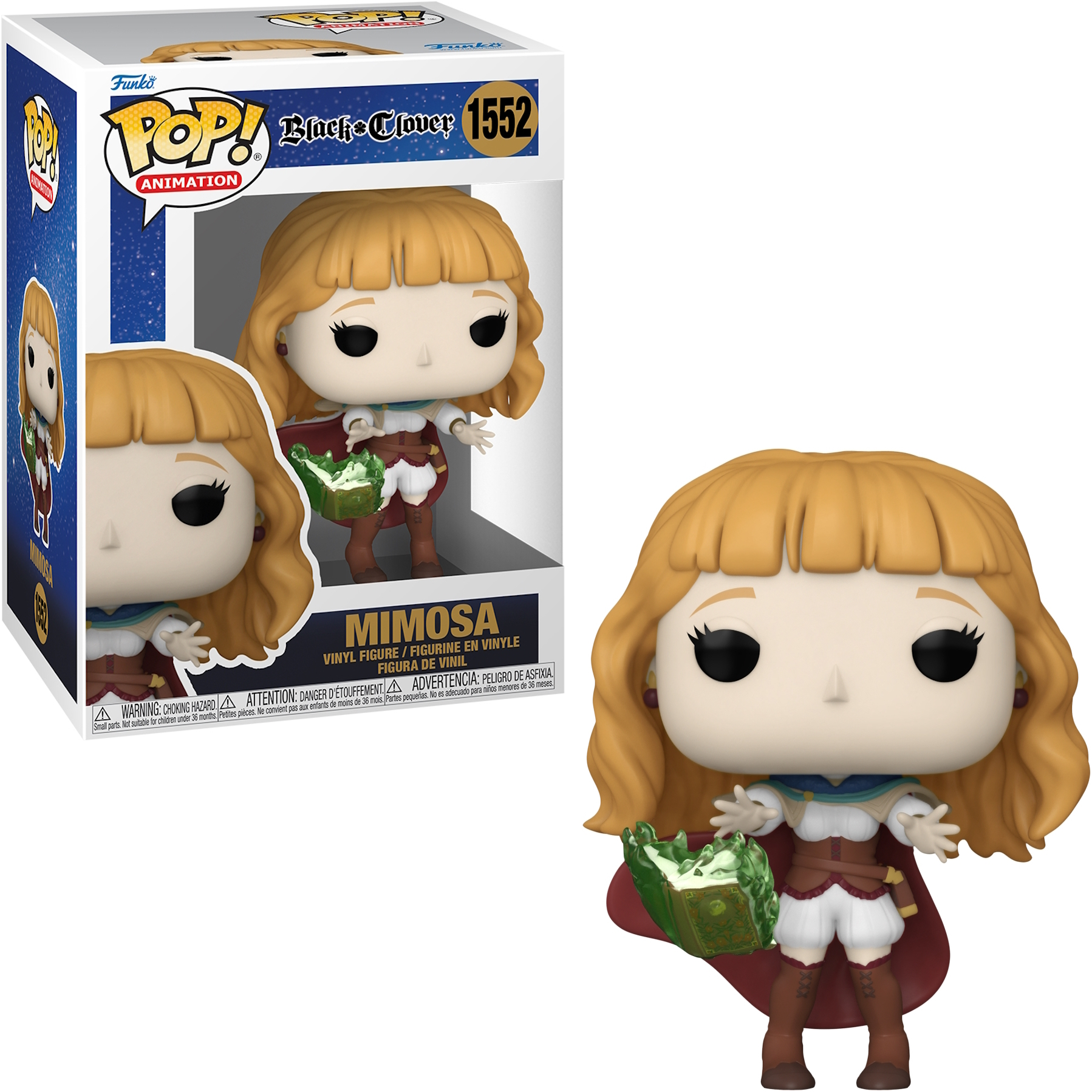 Figura y caja Funko Pop de Mimosa de Black Clover. La figura es rubia, sosteniendo un libro. Fondo blanco.