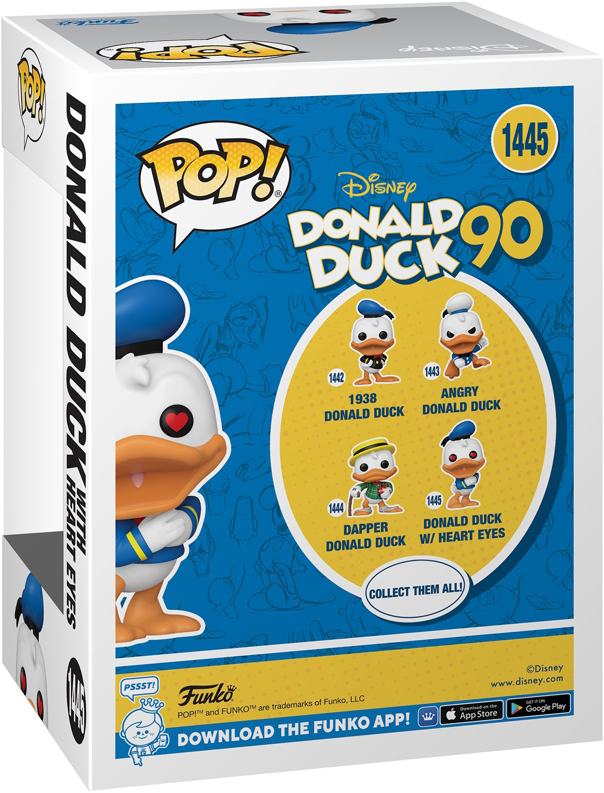 Una scatola Funko Pop di Paperino, con varie statuette e informazioni sul personaggio.