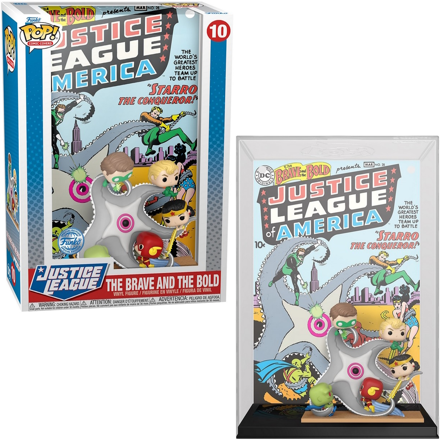 Funko Pop-Box mit Justice League-Figuren. Comic-Cover-Art ist sichtbar.