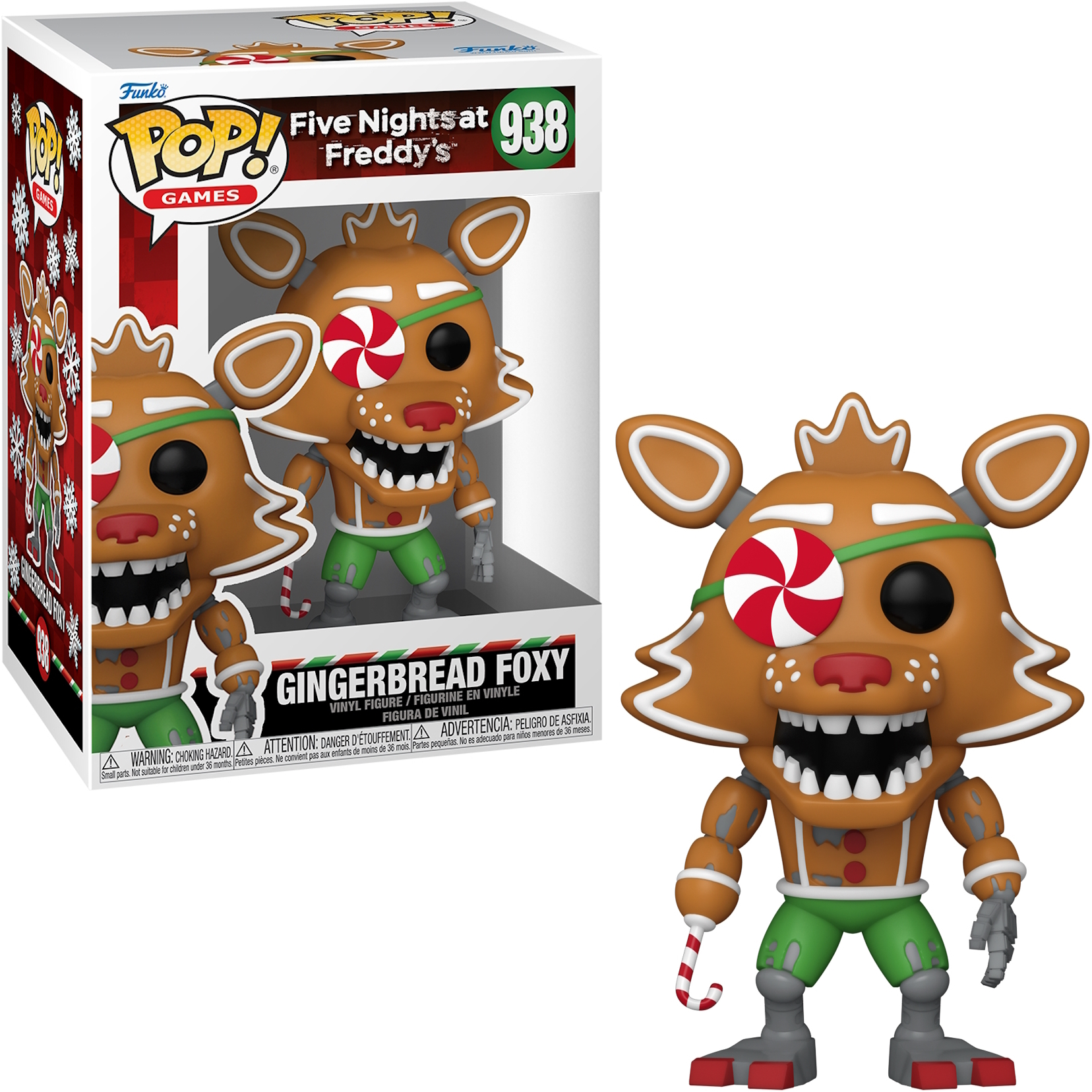 Lebkuchen-Foxy Funko Pop Figur in einer Box und eine freistehende Figur.
