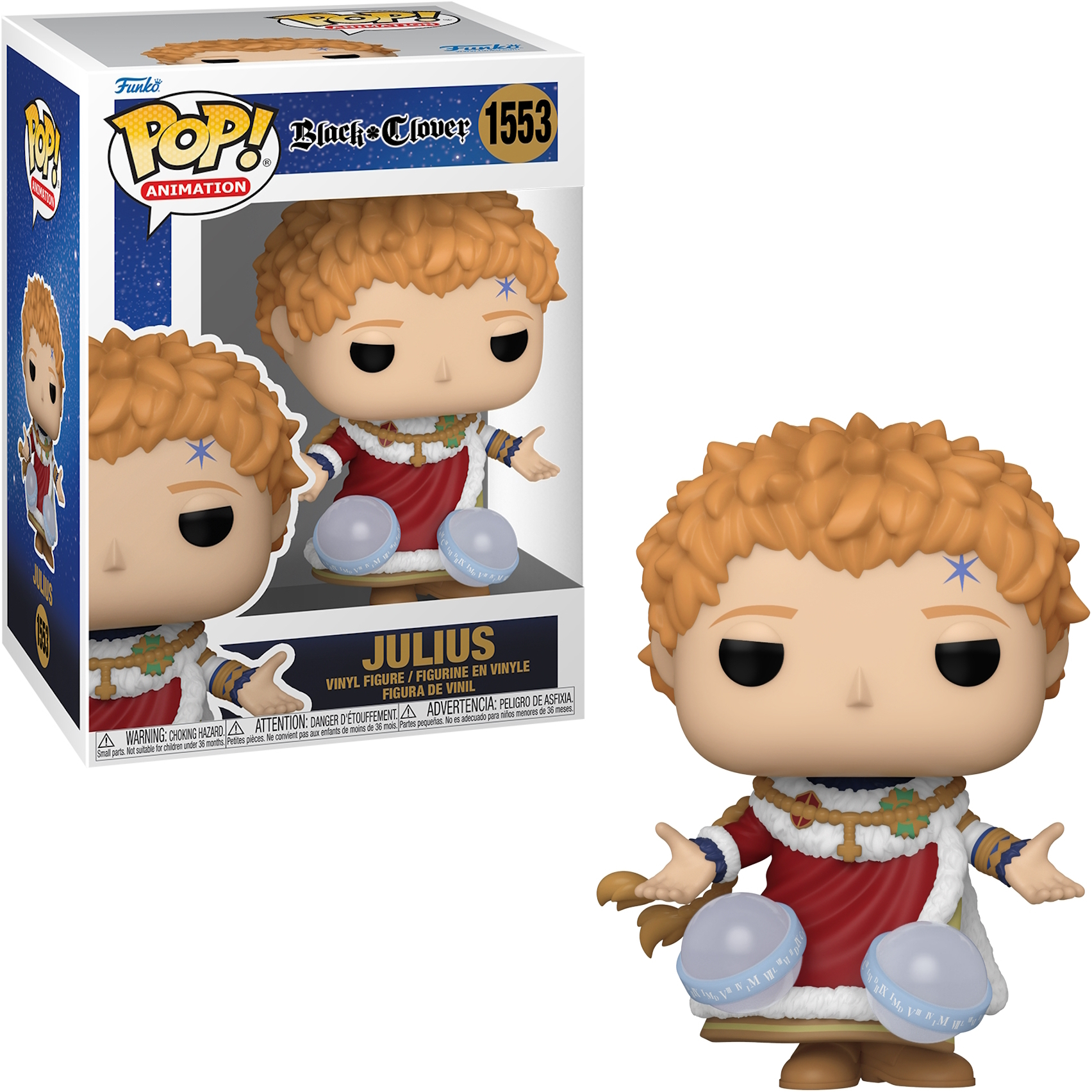 Figura de Julius de la serie 'Black Clover'. Túnica roja, cabello blanco, dentro y fuera de la caja.