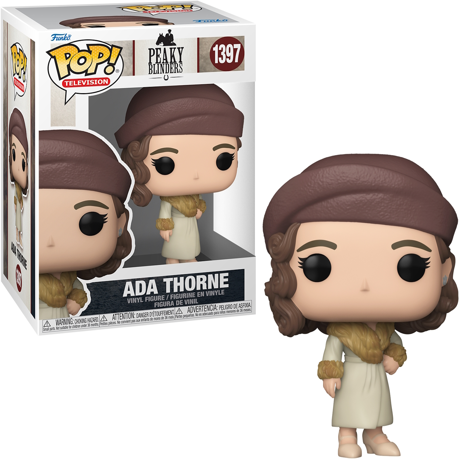 Figura Funko Pop di Peaky Blinders Ada Thorne. Cappello marrone, cappotto. Scatola visibile.