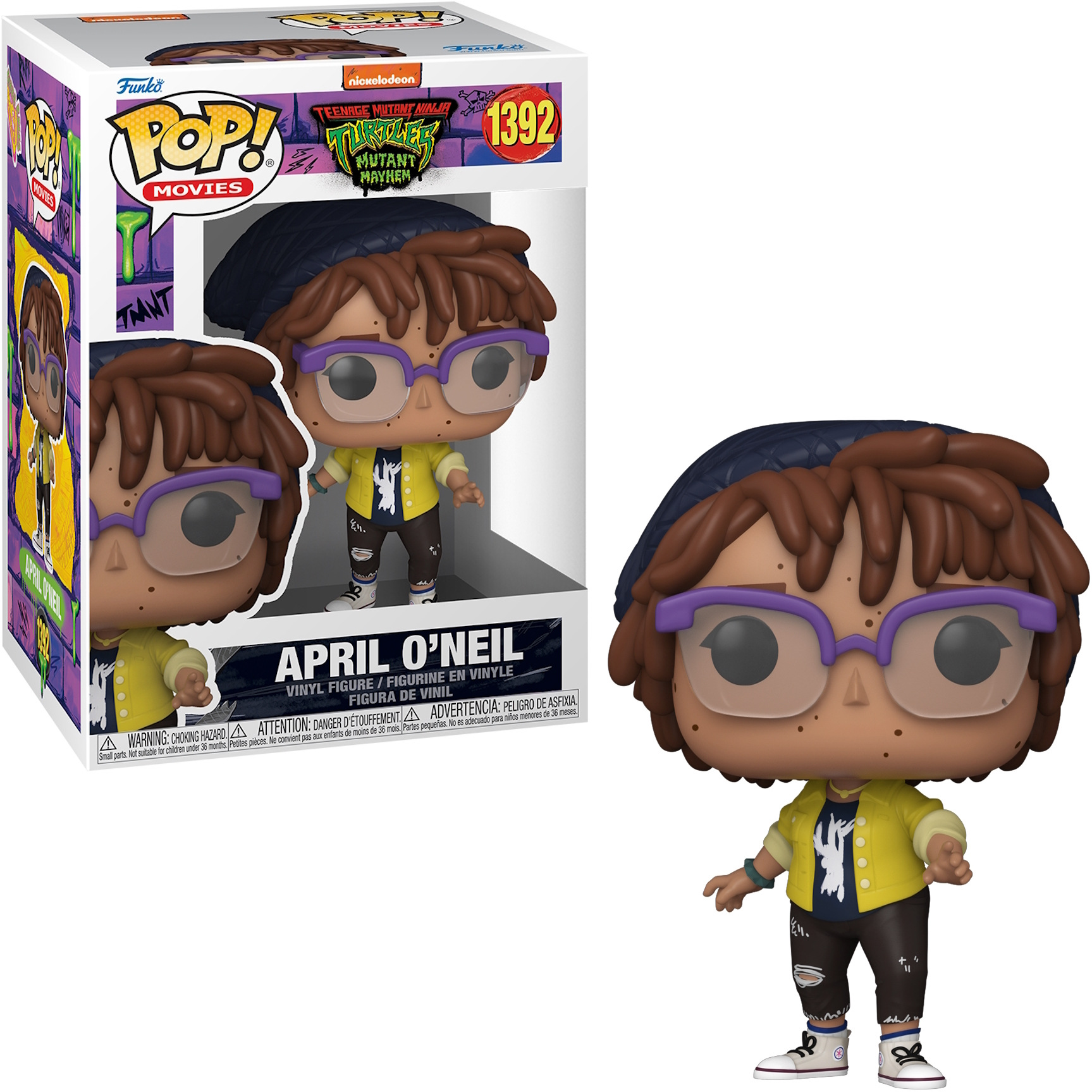 Figura Funko Pop April O'Neil nella scatola e fuori. Occhiali, giacca gialla, cappello.