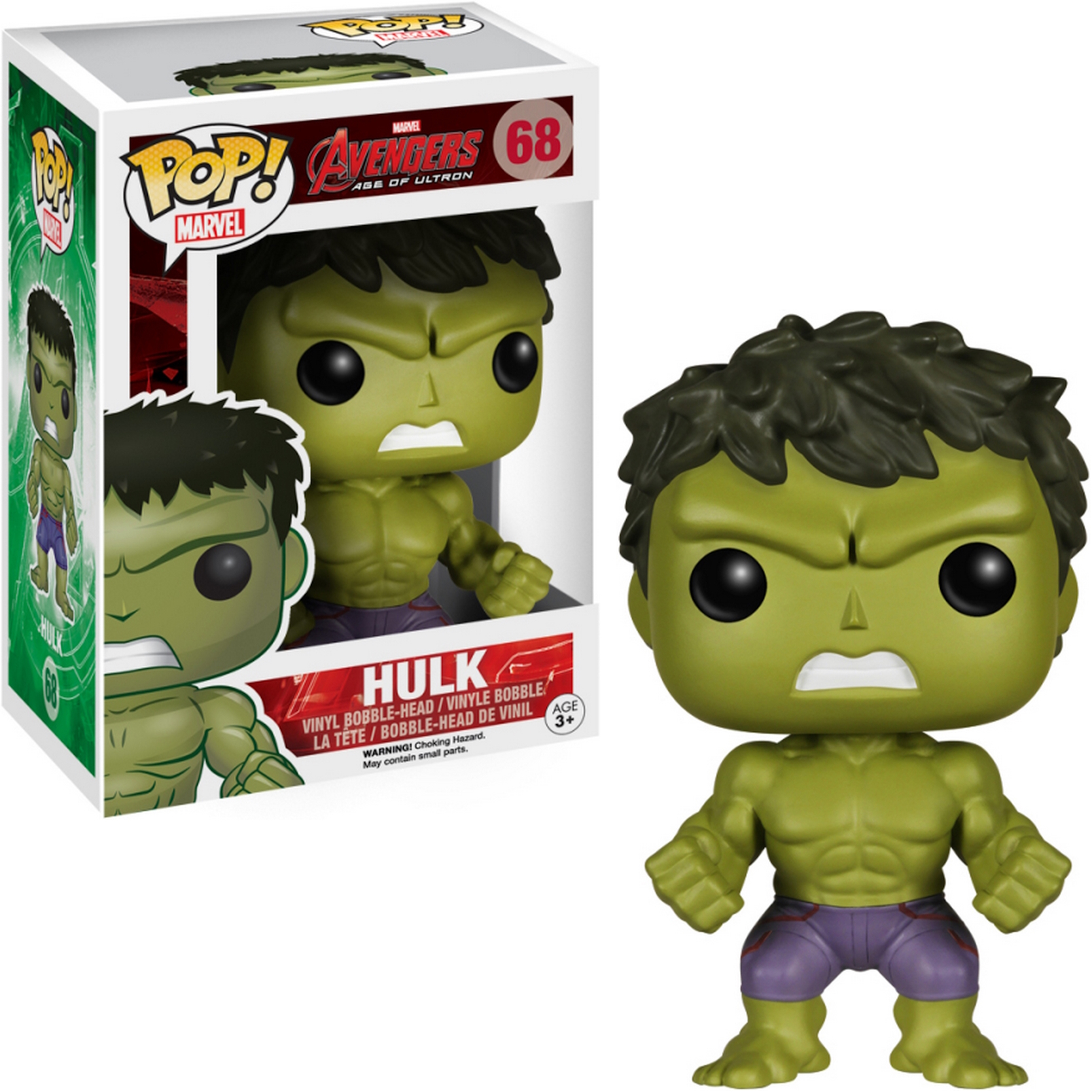 Action figure di Hulk dentro e fuori dalla scatola. Pelle verde, pantaloncini viola, faccia arrabbiata.