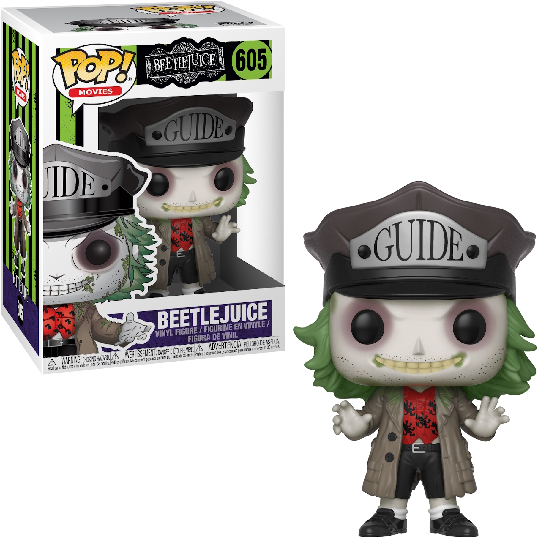 Figura Beetlejuice Funko Pop con capelli verdi, cappello e camicia rossa, con scatola.