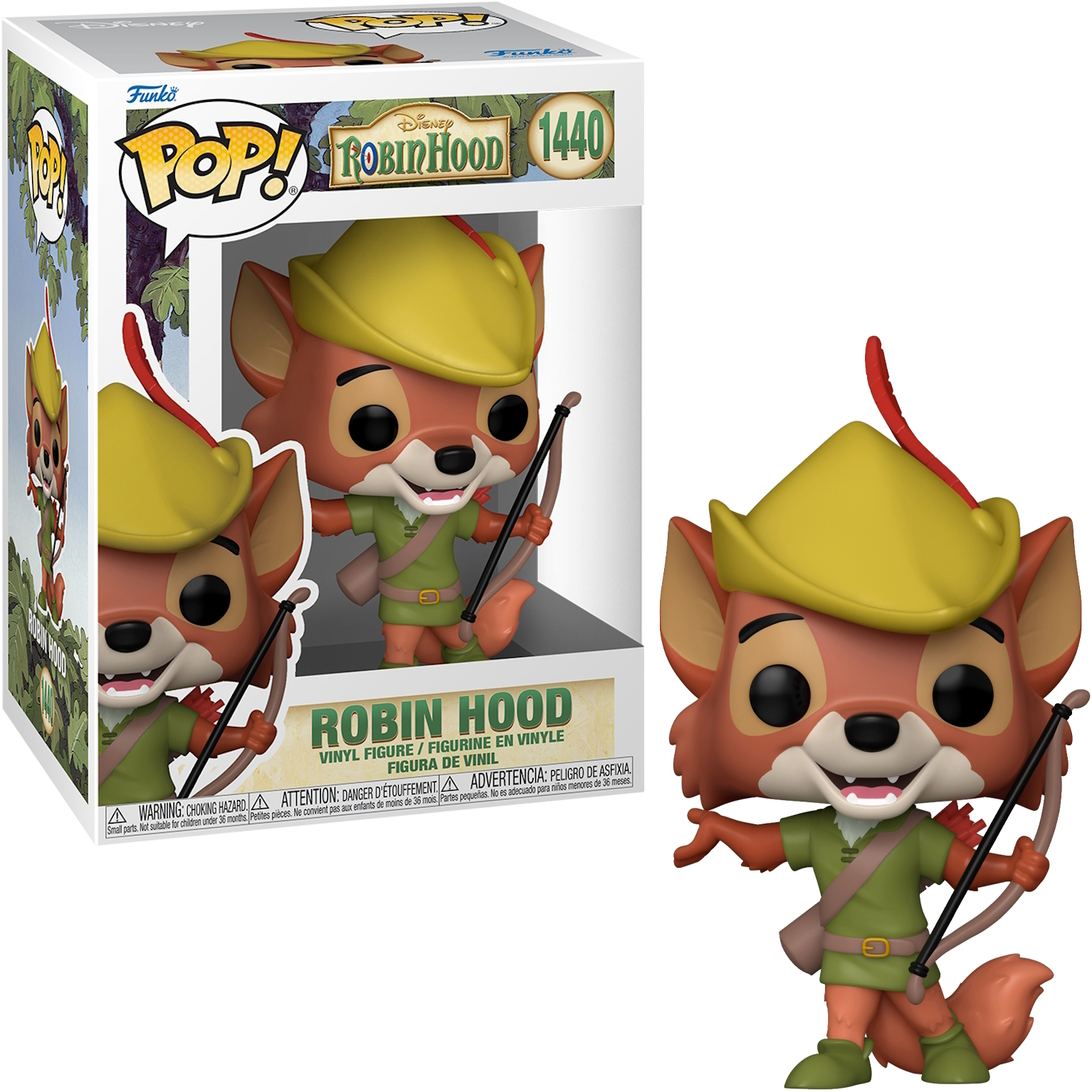 Robin Hood Funko Pop Figur und Box. Die Figur ist ein Fuchs in grünem Outfit mit Pfeil und Bogen.