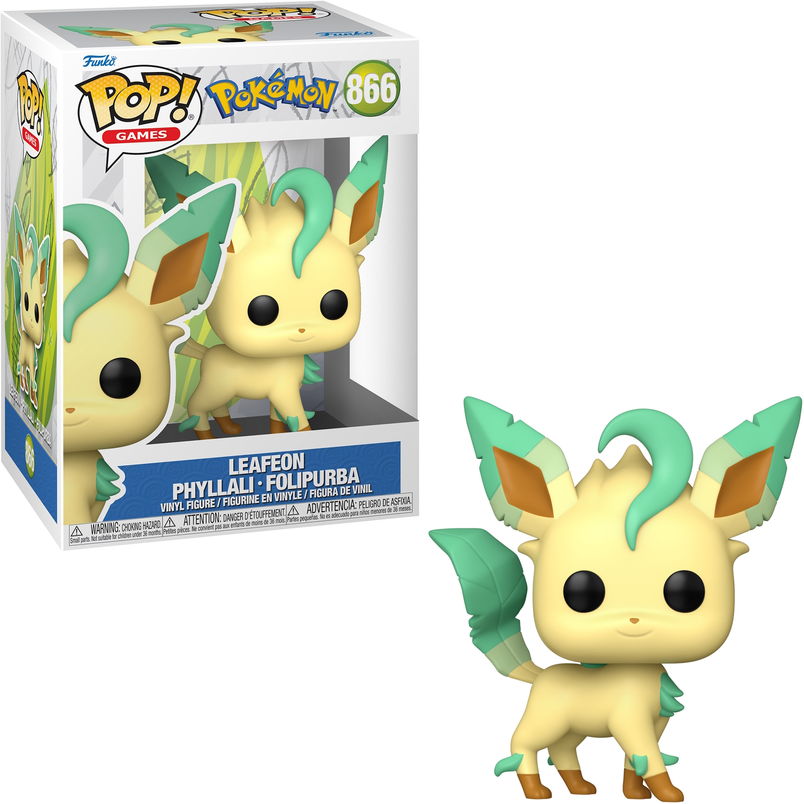 Figura Funko Pop di Leafeon di Pokémon, con grafica della scatola.