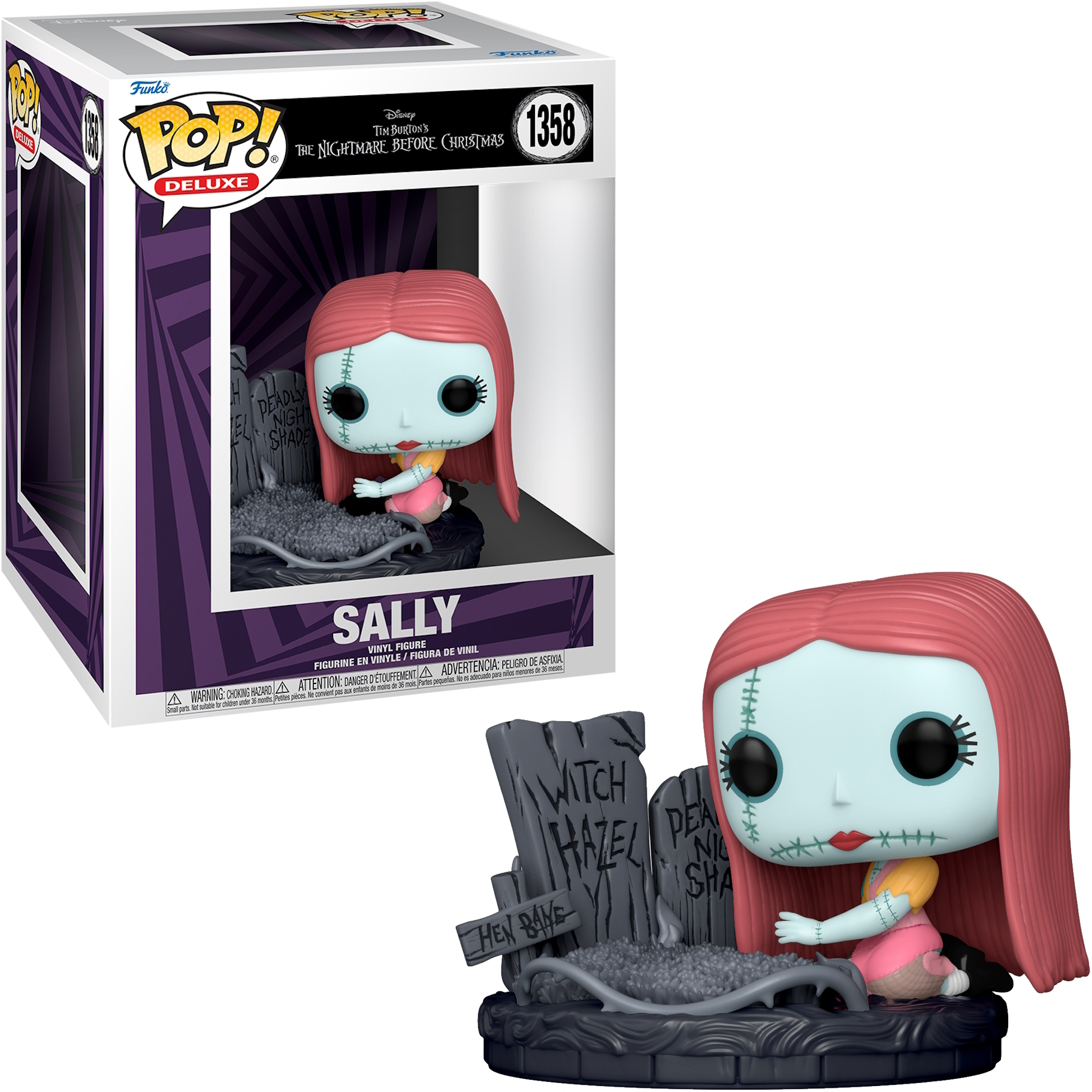 Sally de The Nightmare Before Christmas Funko Pop, en caja y fuera. Vestido rosa, base de lápida.
