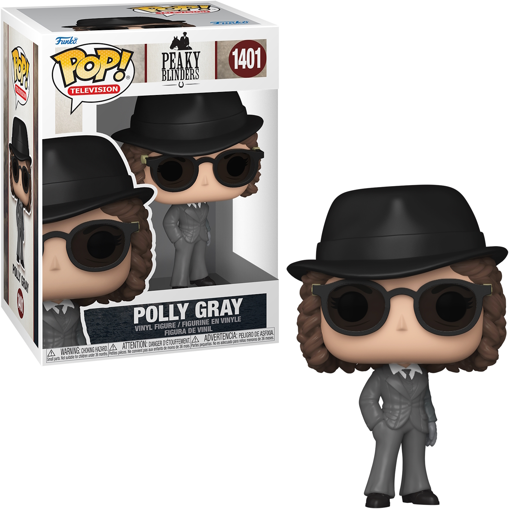Personaggio Pop! di Polly Gray di Peaky Blinders, con cappello e occhiali da sole, con la sua scatola sullo sfondo.