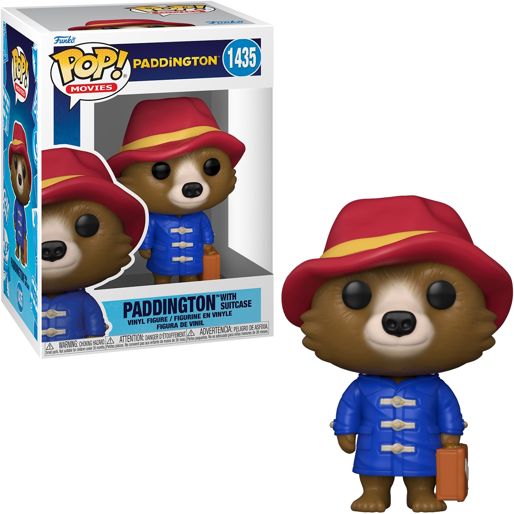 Figura Funko Pop di Paddington Bear con cappotto blu e cappello rosso, con scatola, sfondo bianco.