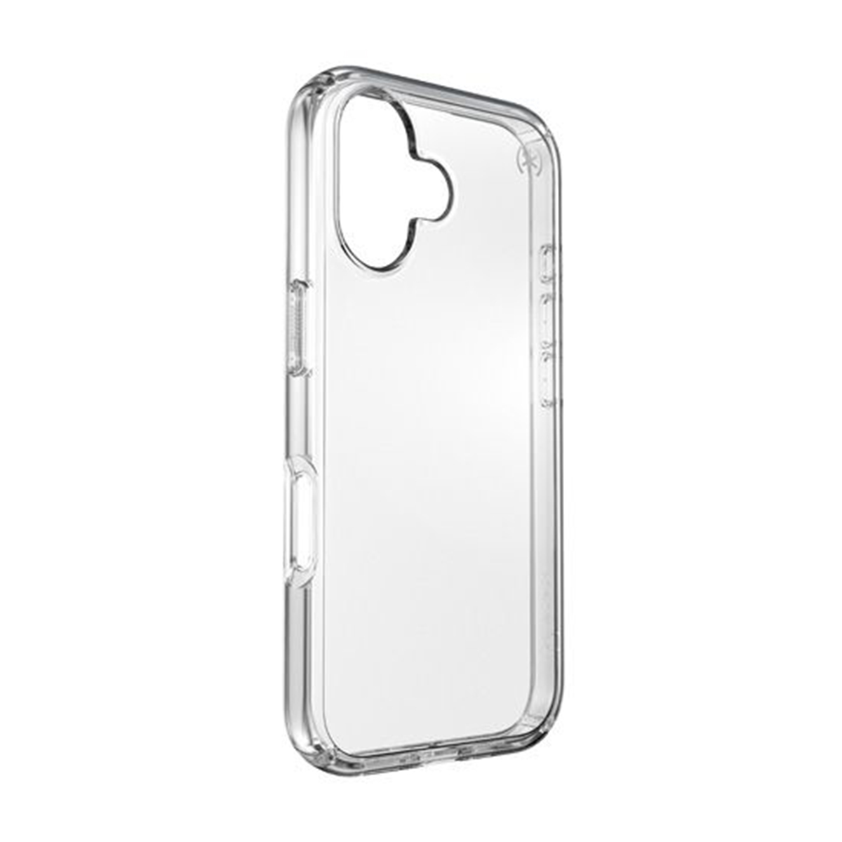 Una custodia trasparente per telefono. La custodia è trasparente e presenta aperture per i pulsanti e la fotocamera.