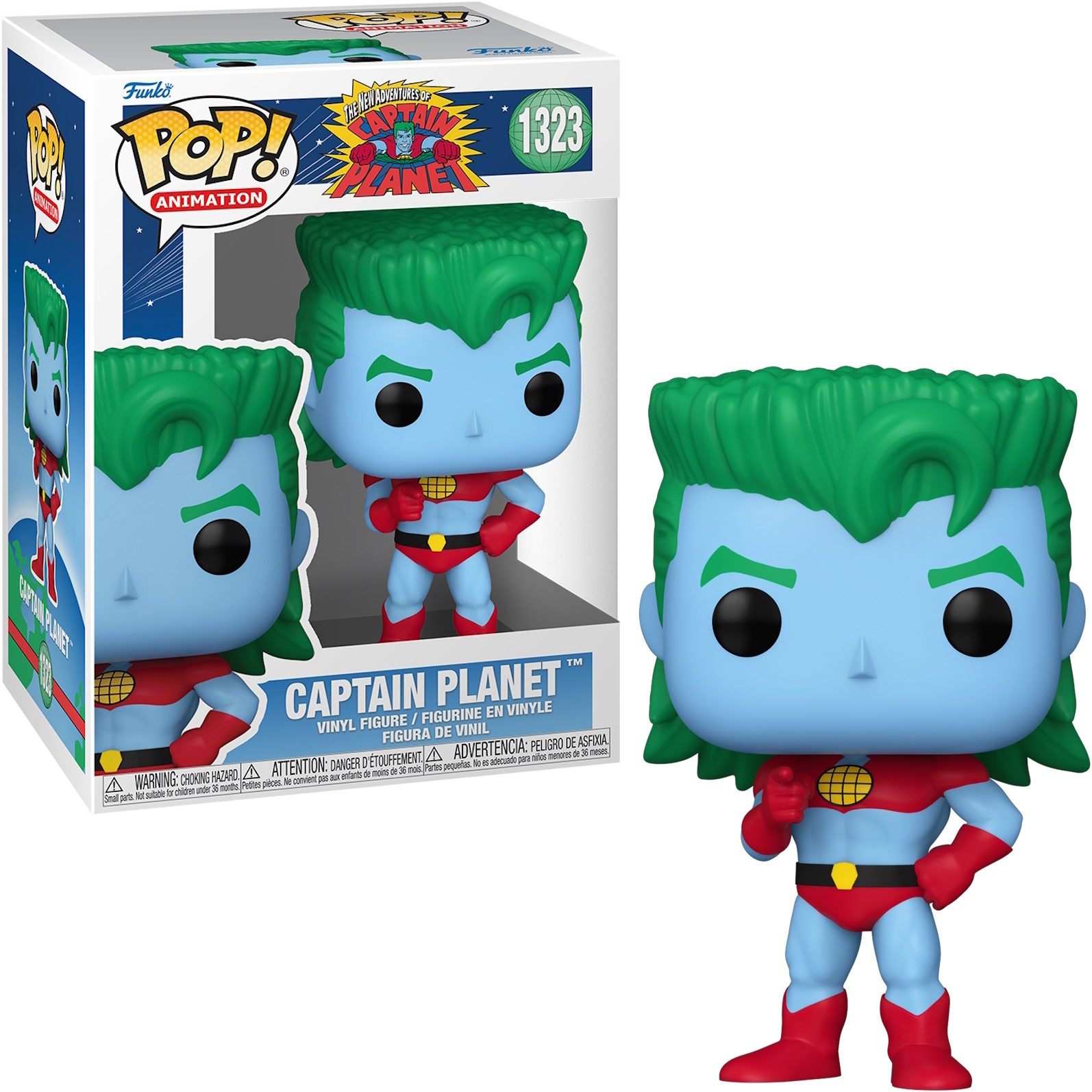 Figura Funko Pop di Captain Planet dentro e fuori dalla scatola. Figura blu, capelli verdi e tuta rossa.