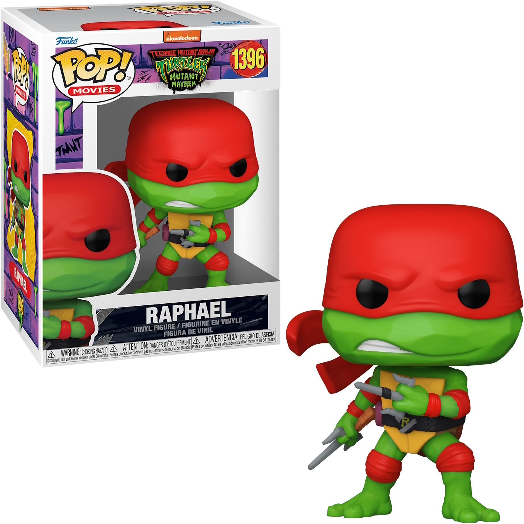 Figura Funko Pop de Rafael. Figura verde con máscara roja y espadas. Caja en el fondo.