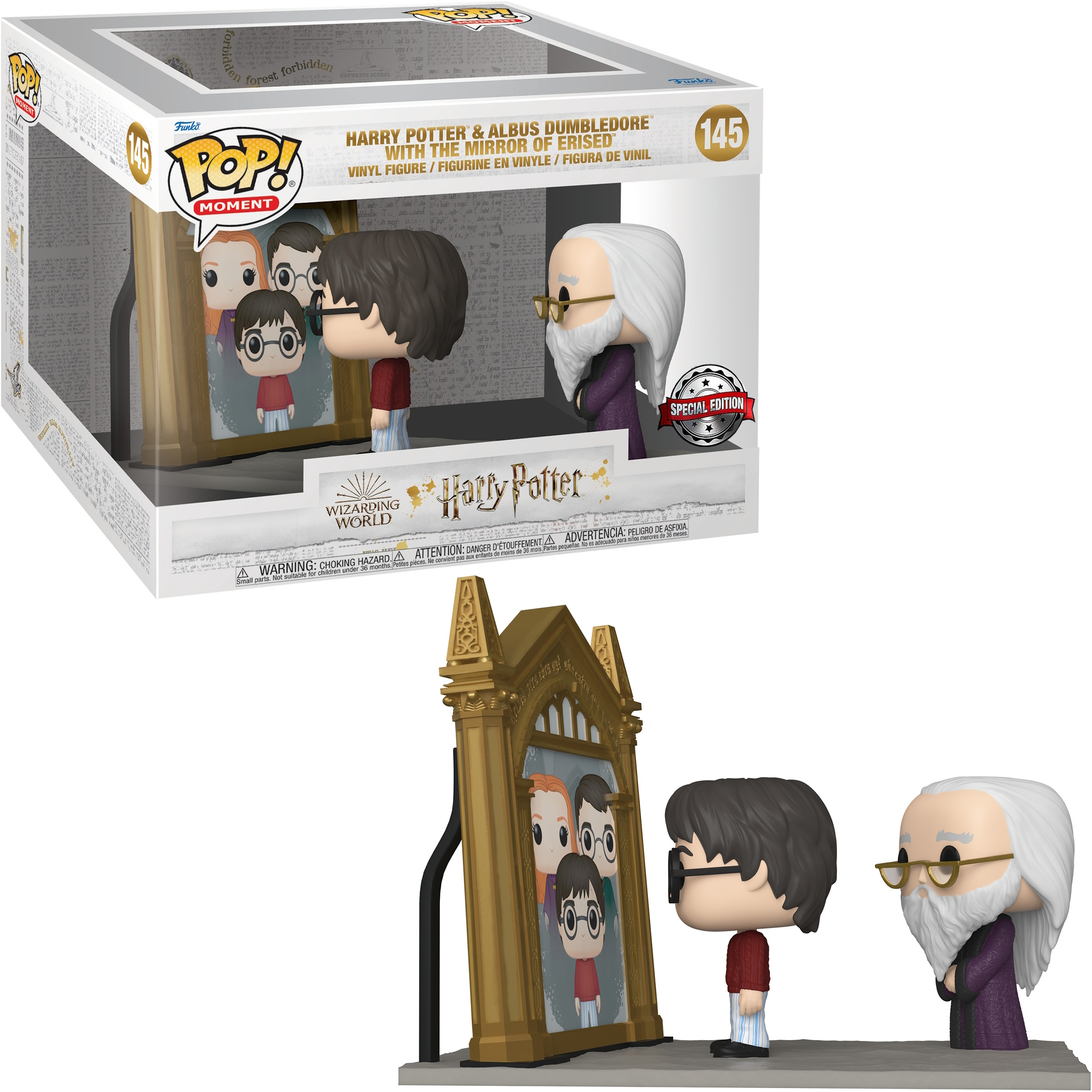 Figuras de Harry Potter y Dumbledore con el Espejo de Oesed, en caja y exhibición.