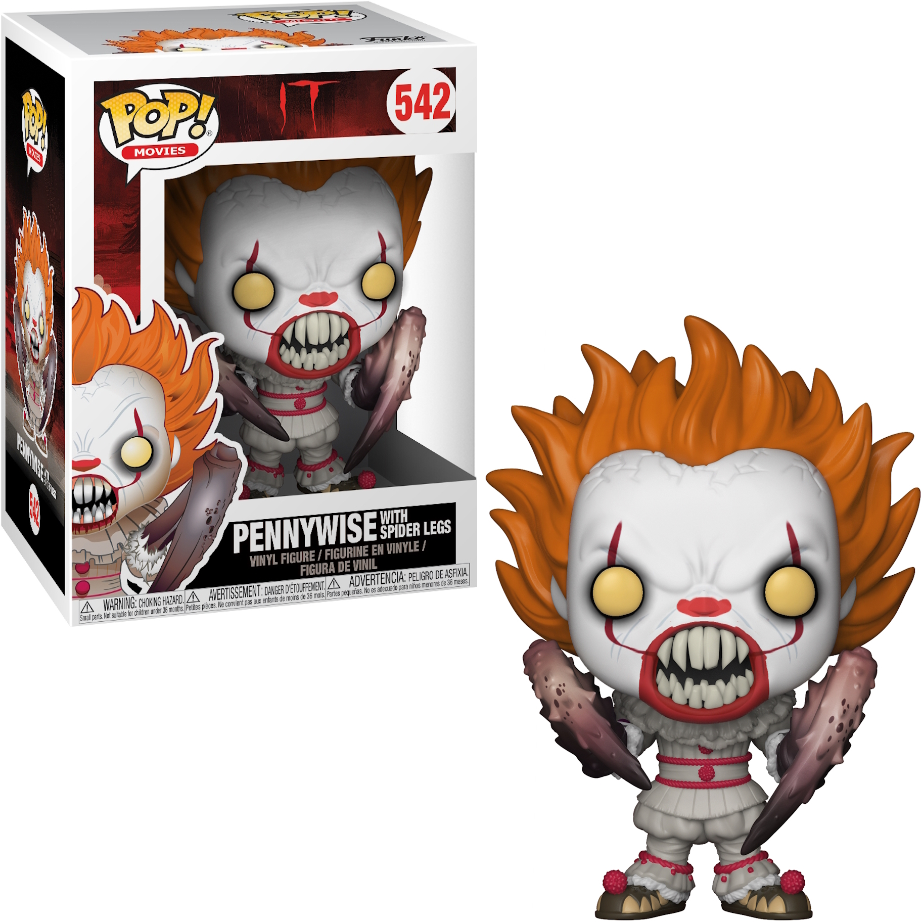 Pennywise Figur mit Spinnenbeinen, in einer Box, weißer Hintergrund, mit Filmlogo.