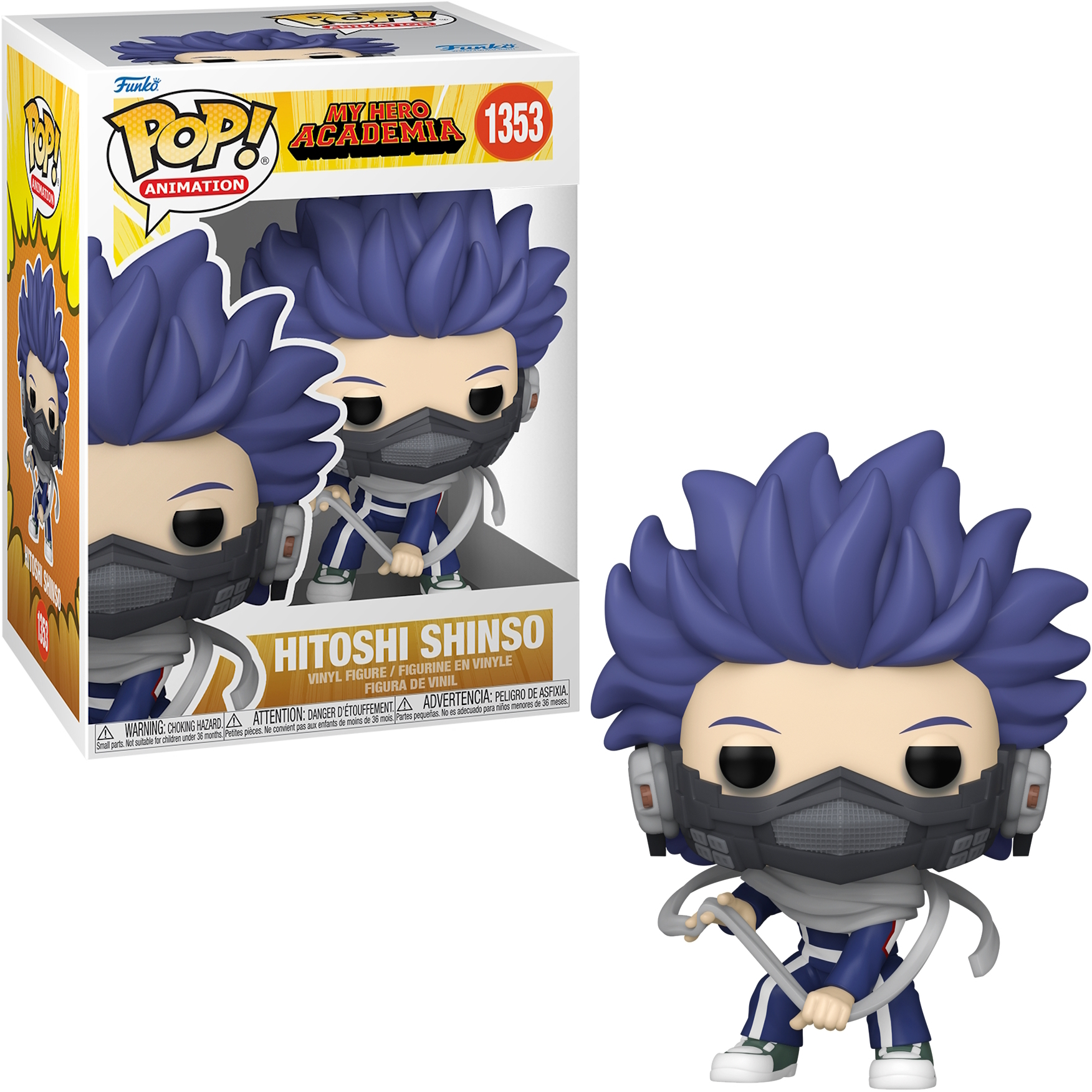Funko Pop! Figur von Hitoshi Shinso aus My Hero Academia. Die Figur ist in einer Box und außerhalb der Box.