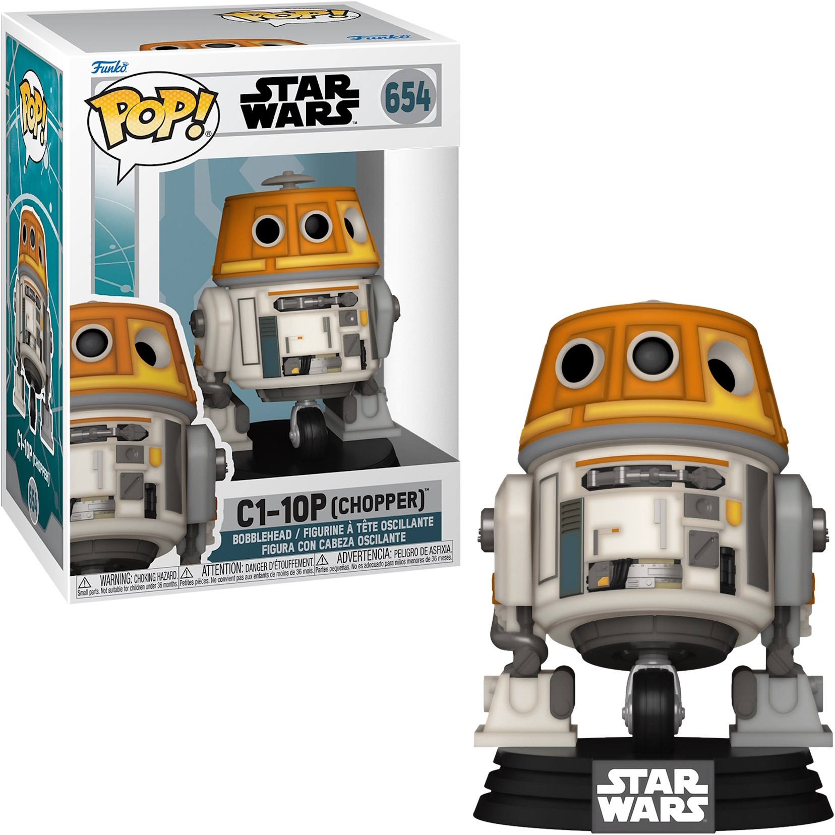 Una figura de Star Wars C1-10P (Chopper) en una caja. Es un droide blanco y naranja sobre un soporte negro.