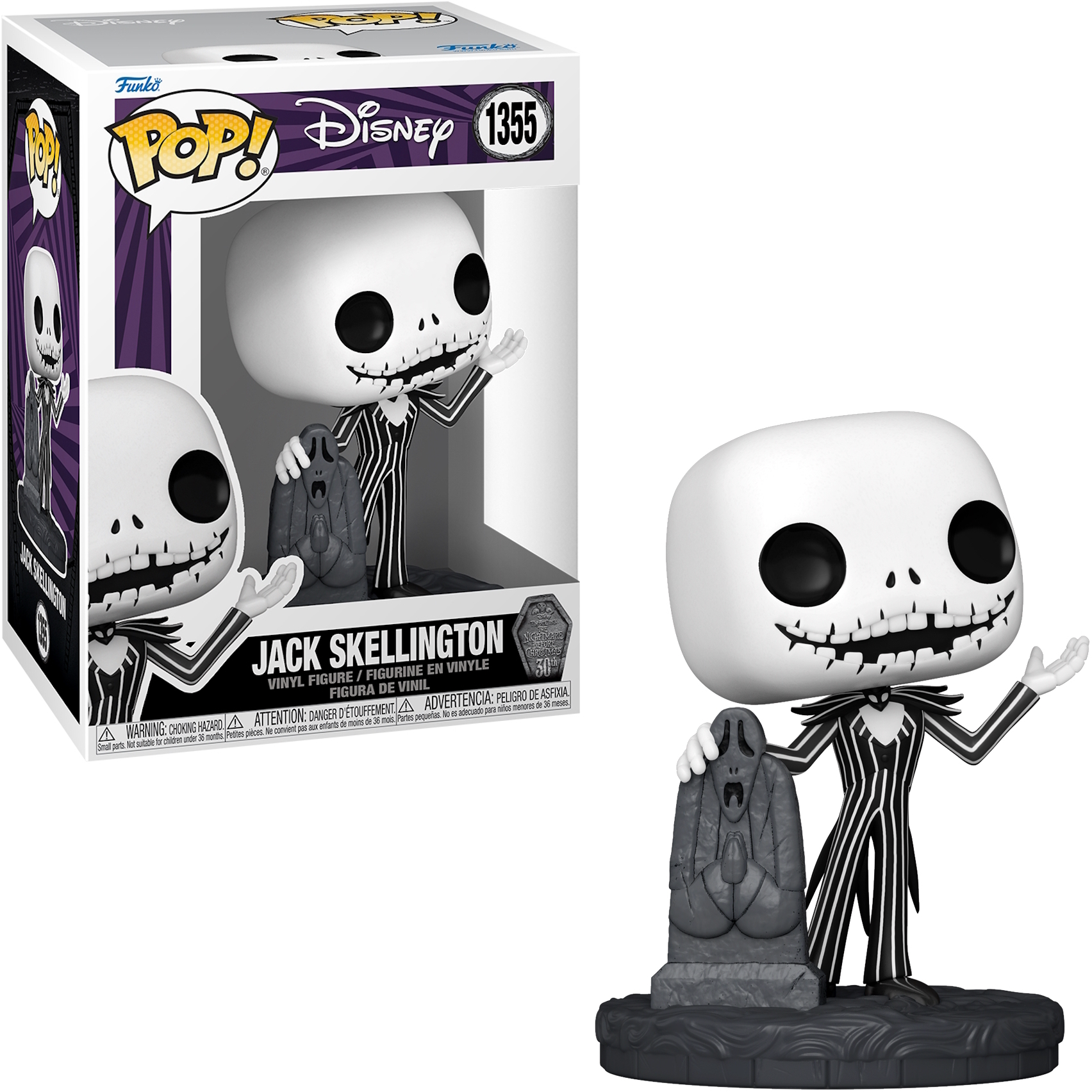 Un Funko Pop di Jack Skellington che alza la mano e una lapide.