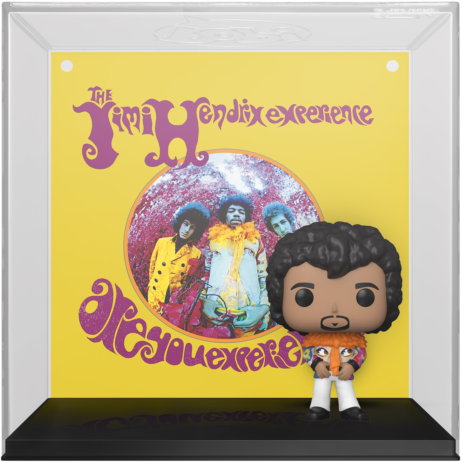 Jimi Hendrix Funko Pop Figur in einer Vitrine. Der Hintergrund ist ein Albumcover.