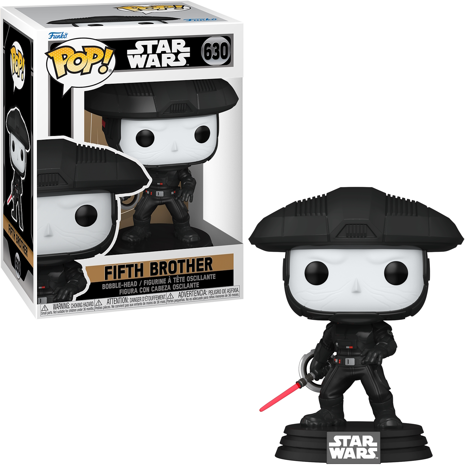 Figura de Star Wars Fifth Brother en caja. La figura viste armadura negra y un sombrero.