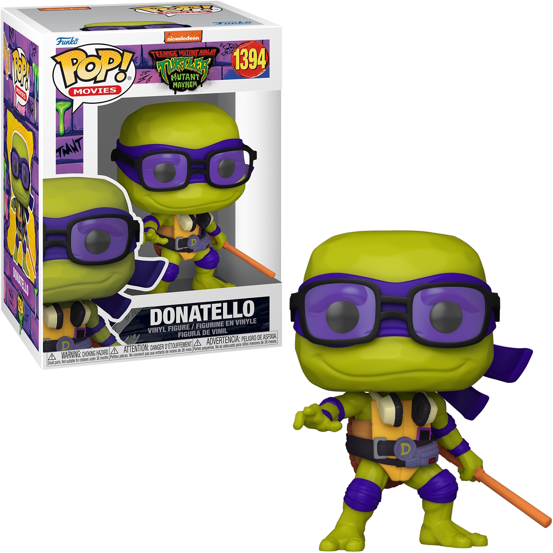 Figura di Donatello Funko Pop con maschera viola e bastone. Scatola con la figura a sinistra.
