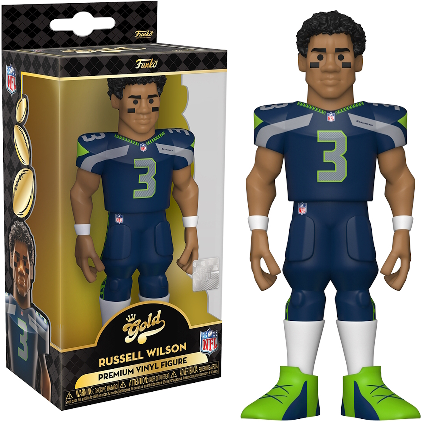 Figura de Russell Wilson en caja y fuera de ella. Jugador de la NFL con uniforme de los Seahawks, Serie Gold, de Funko.