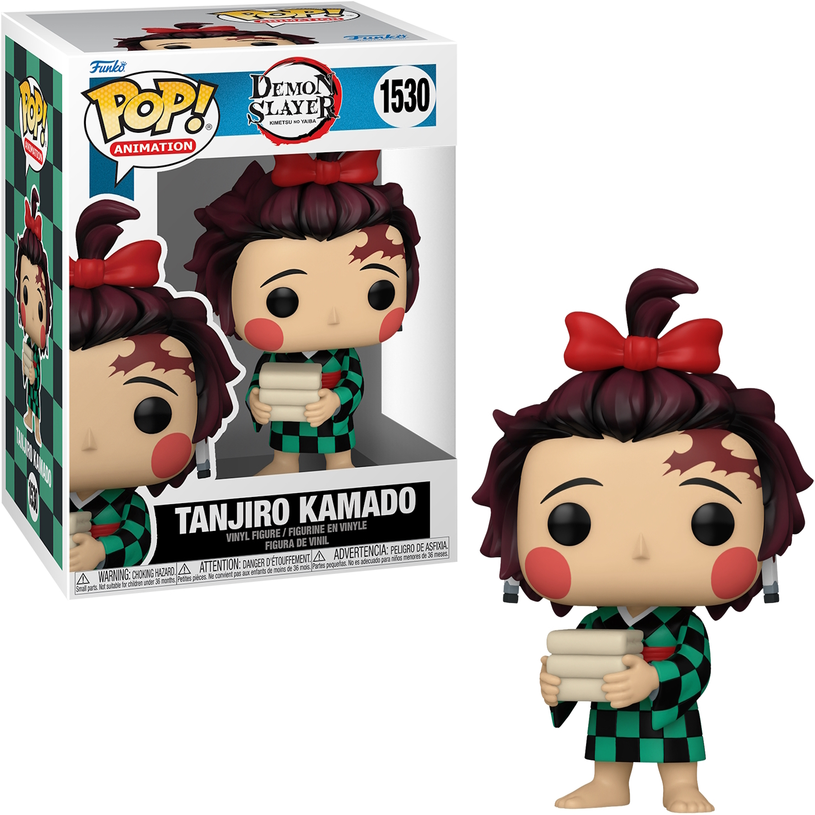Figura Funko Pop de Tanjiro Kamado de Demon Slayer, sosteniendo pilas de papel.