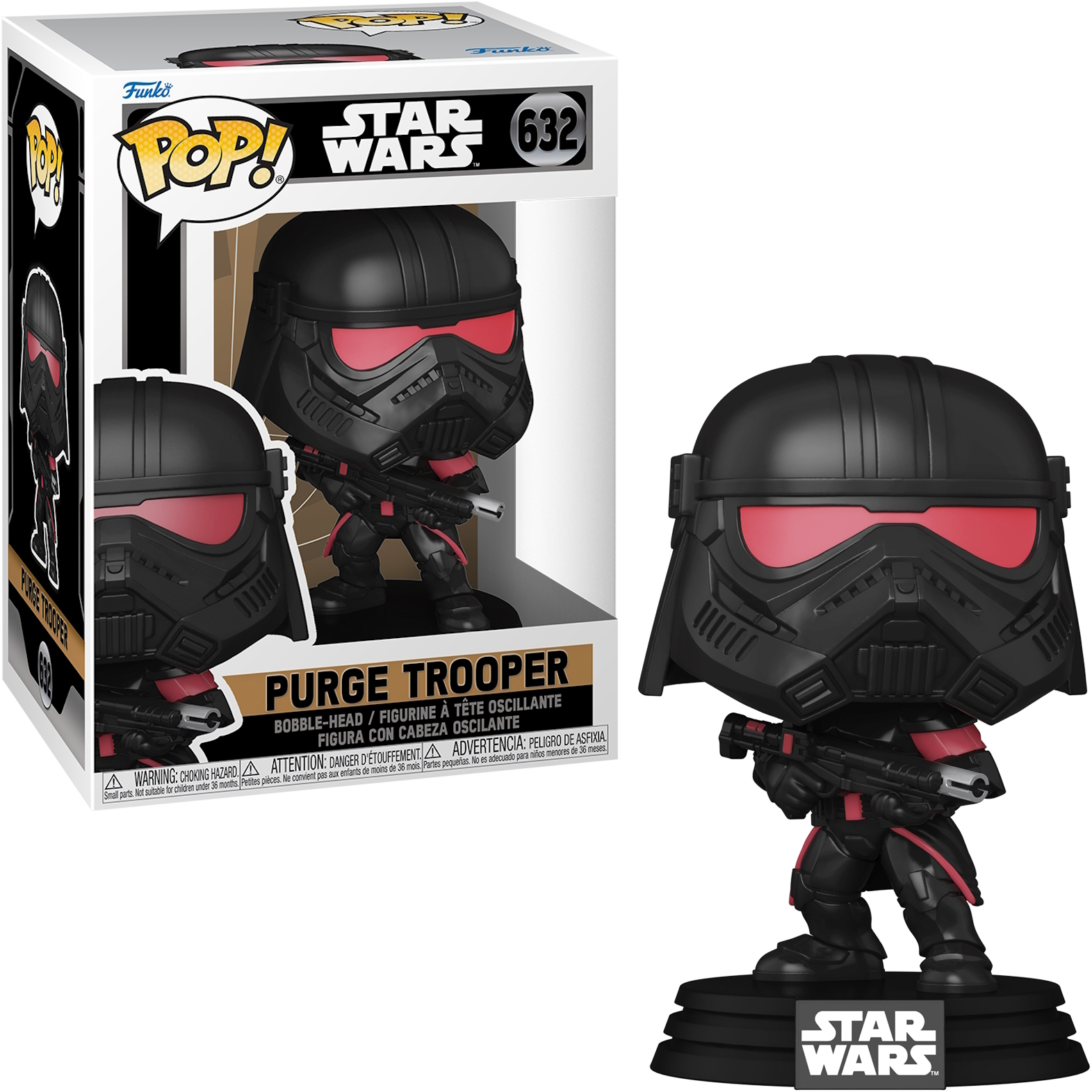 Funko Pop! di un Purge Trooper di Star Wars, con scatola e figura esposte.