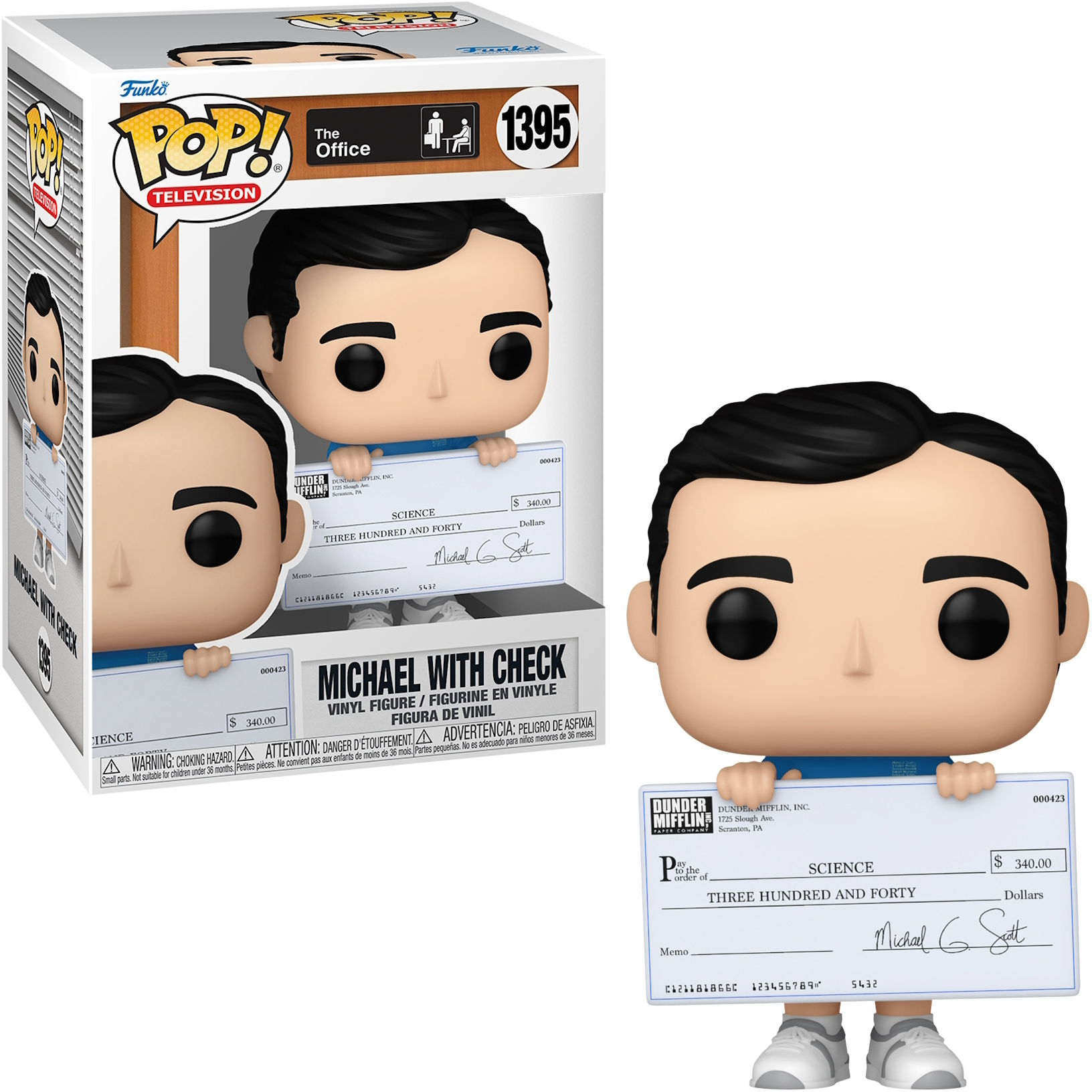 Michael Scott della figura Funko Pop di The Office che tiene un assegno. Un'altra figura e una scatola sono a sinistra.