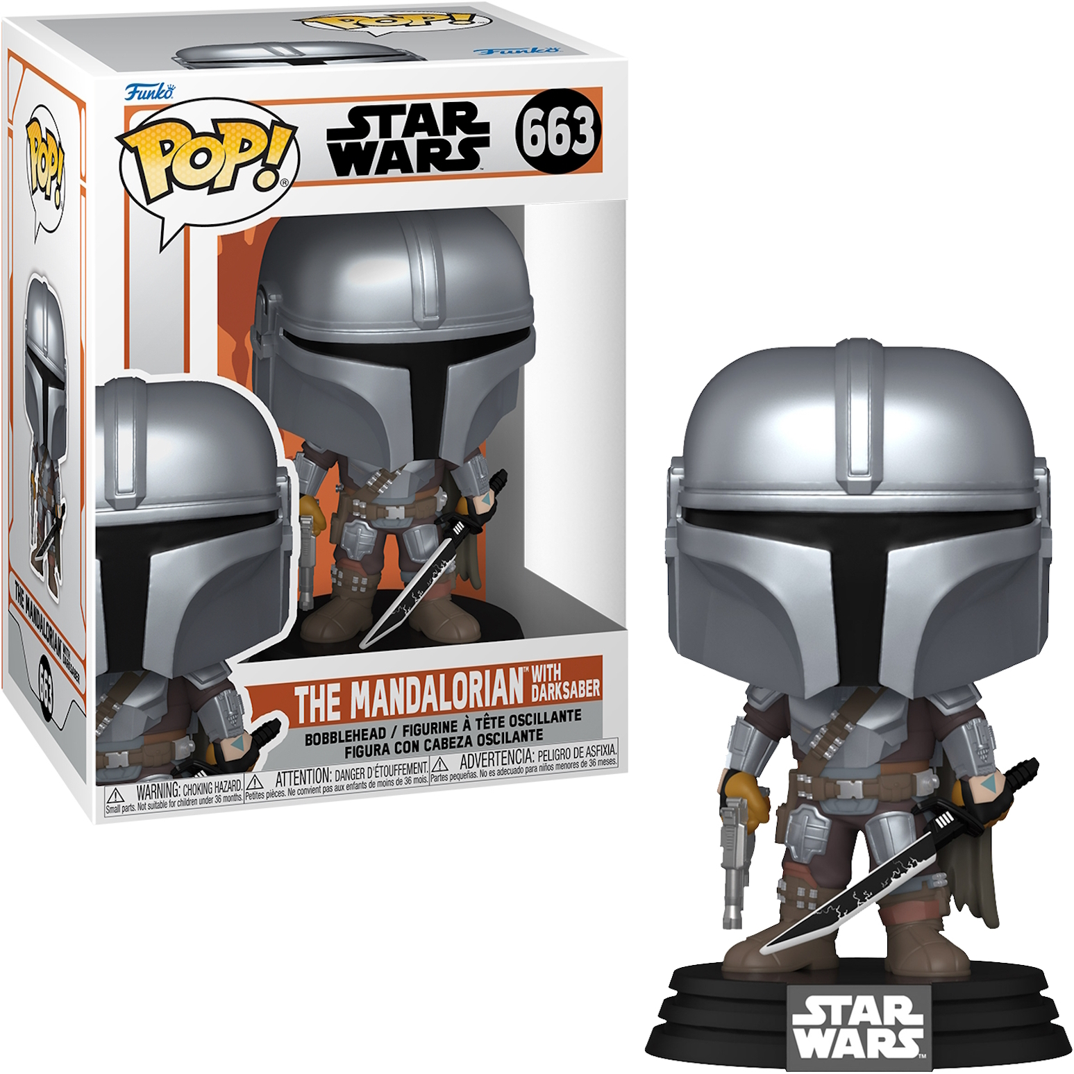 Una figura de Mandaloriano con un sable oscuro. En caja con el logo de Funko Pop!.