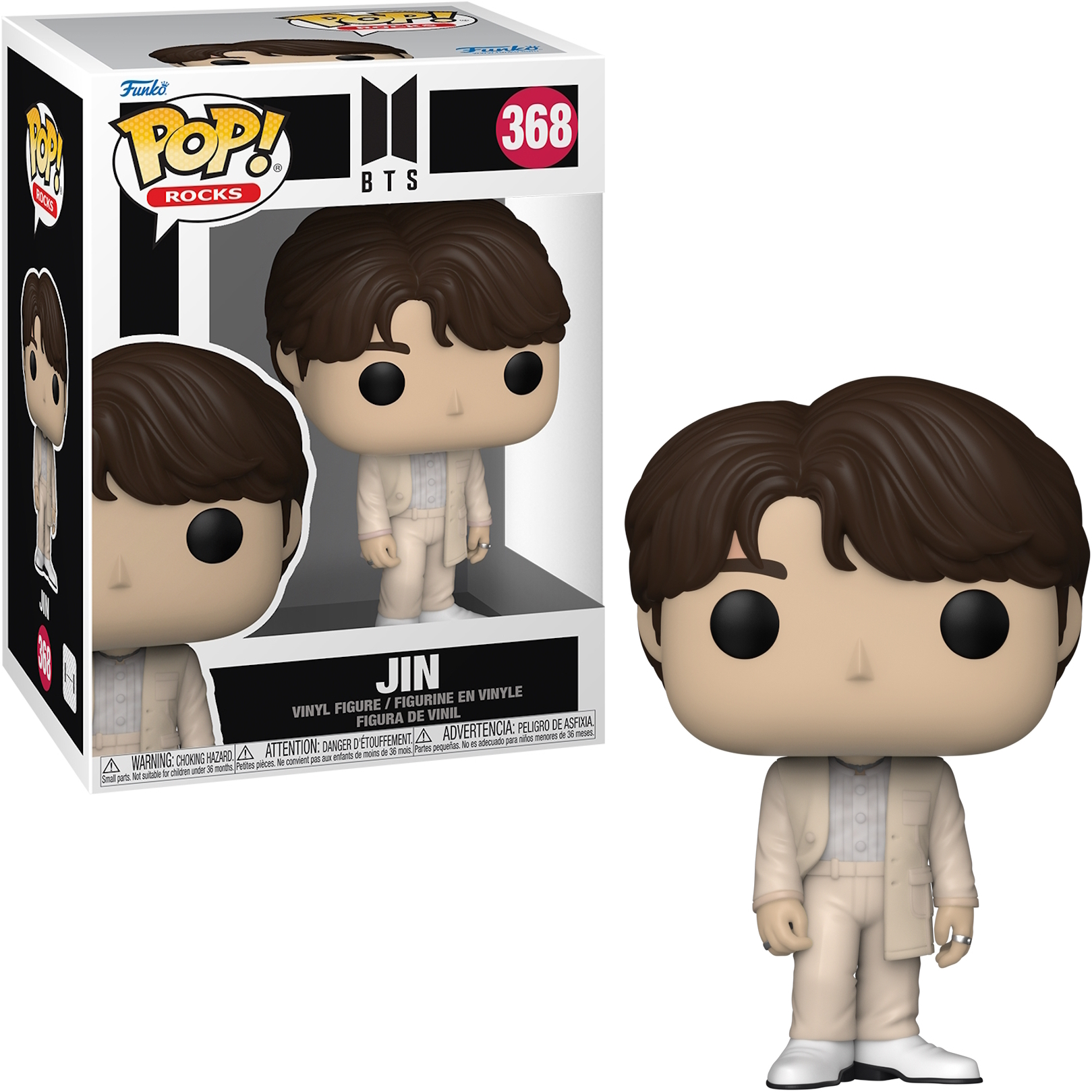 Een Funko Pop-doos met de figuur van Jin van BTS.