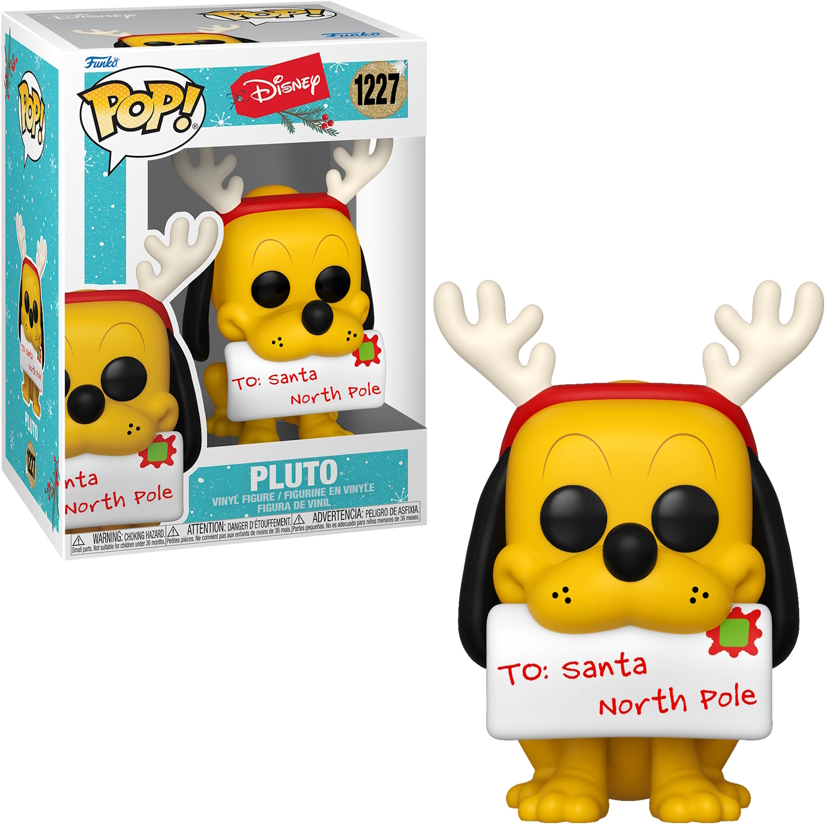Funko Pop di Pluto con corna di renna. Tiene in mano un cartello con scritto 'To: Santa'.