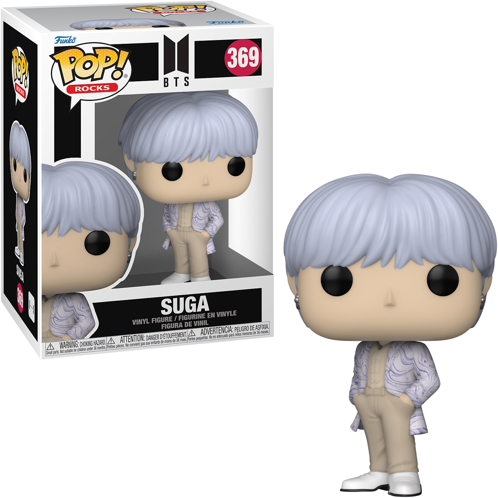 Figura Funko Pop de Suga de BTS, en una caja y de pie junto a la caja.