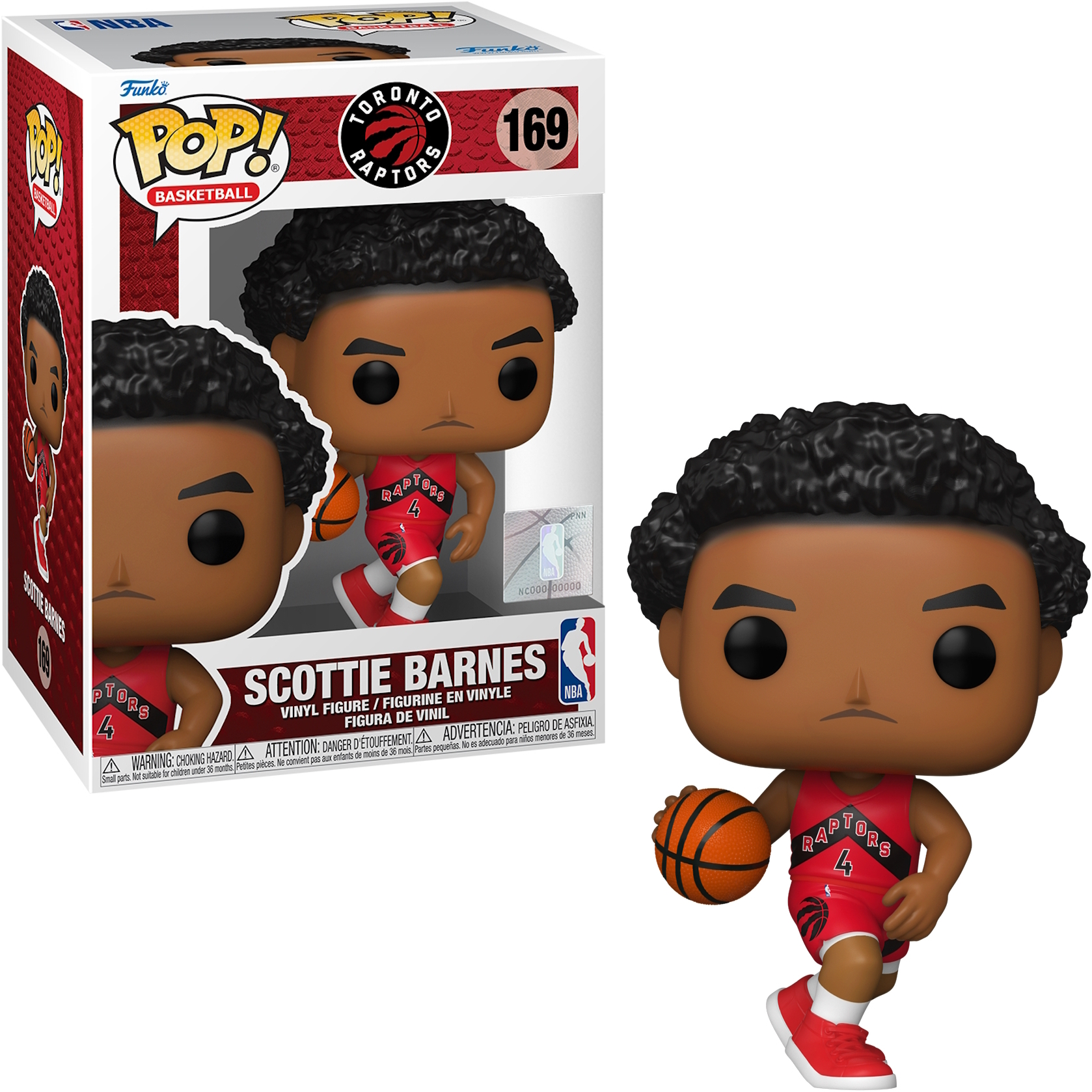 Funko Pop Figur von Scottie Barnes im Toronto Raptors-Trikot, mit Verpackung.