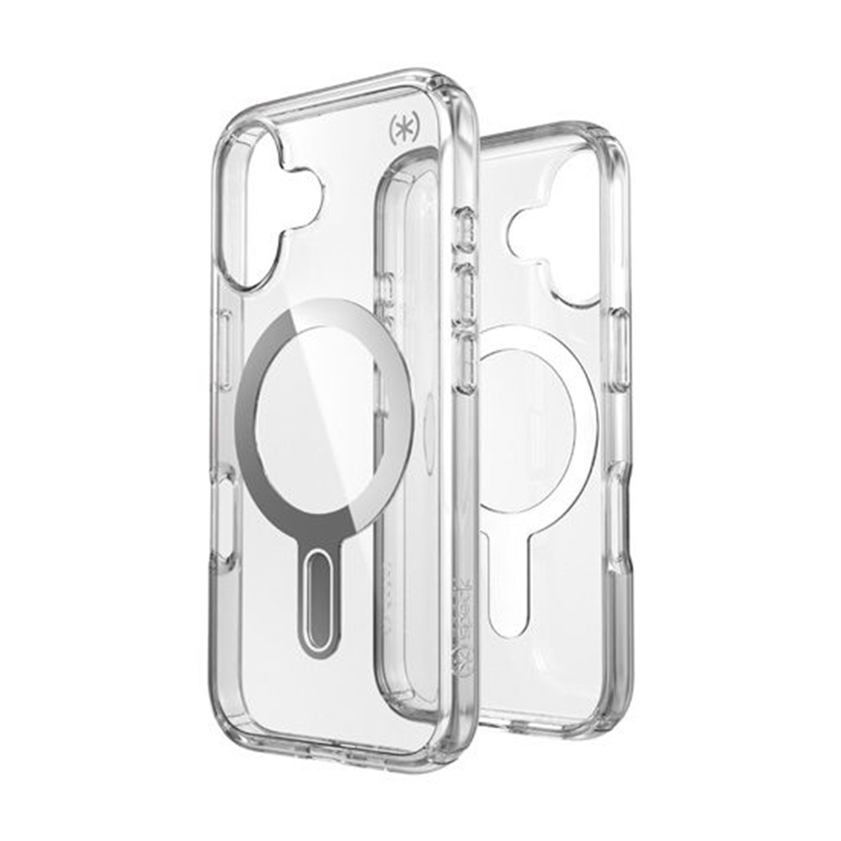Due custodie trasparenti per telefono, ciascuna con un magnete ad anello, su sfondo bianco.