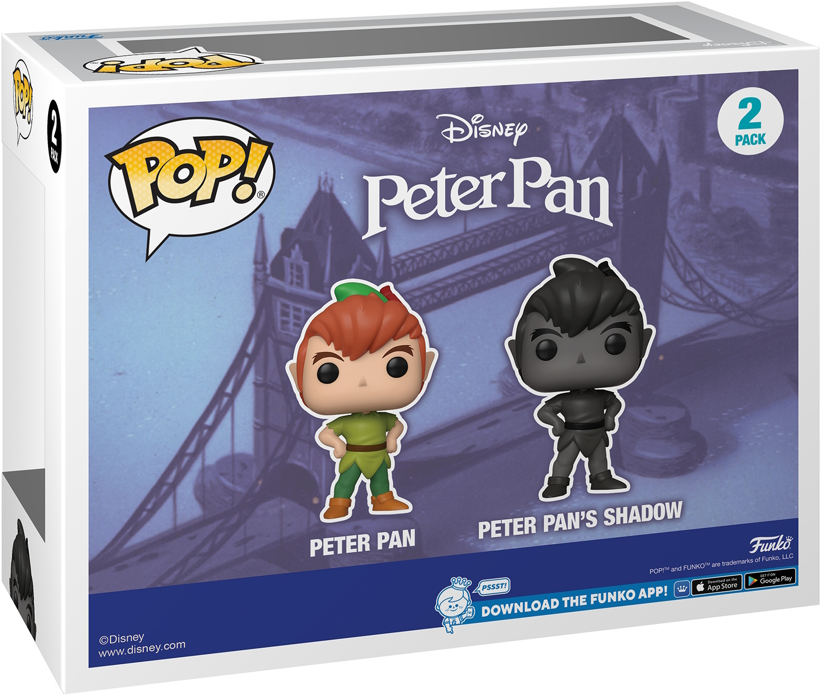Peter Pan 2er-Pack Funko Pop in einer Box. Peter Pan und Peter Pans Schatten. Disney Logo.