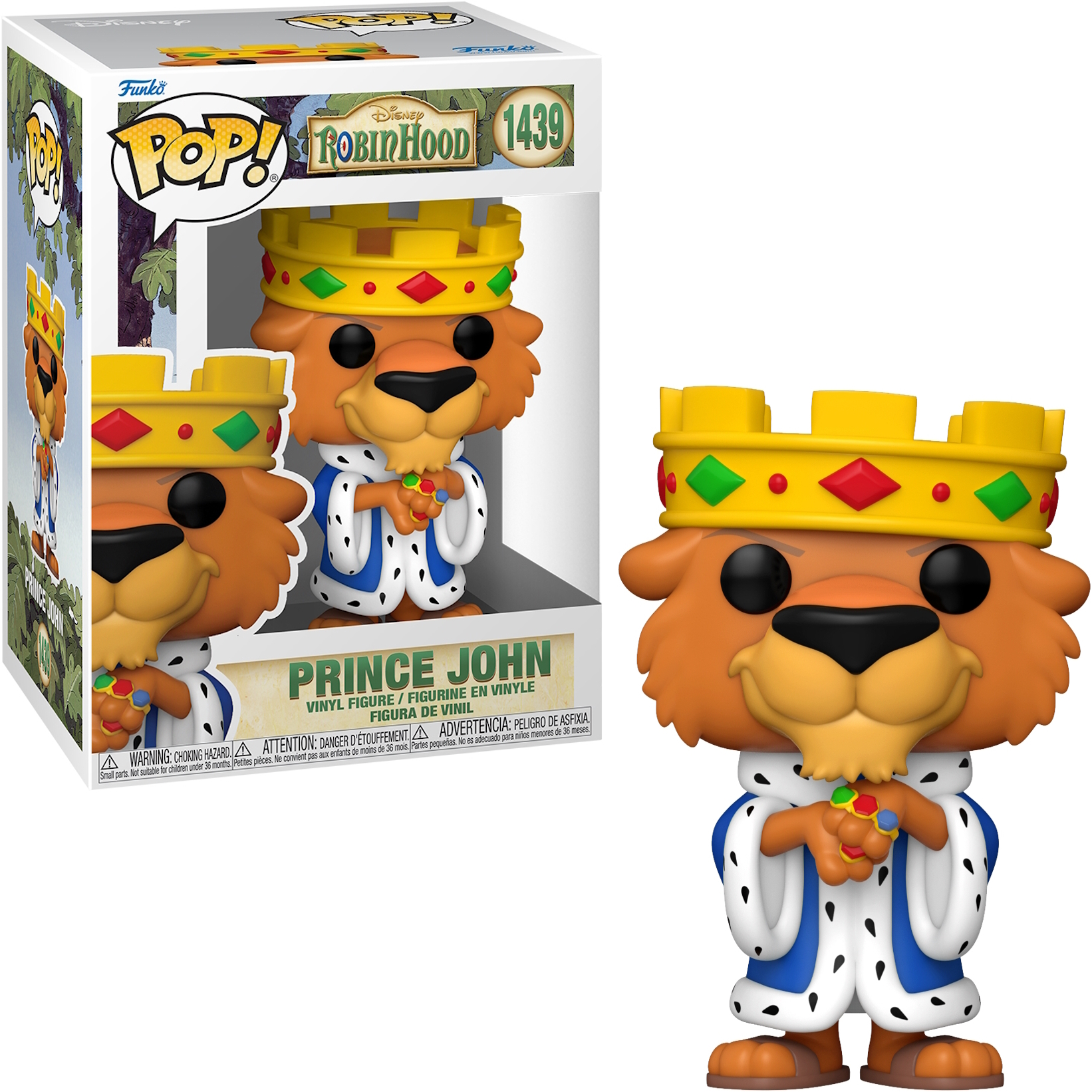 Figura Funko Pop del Principe Giovanni in scatola. La figura è un leone con corona.