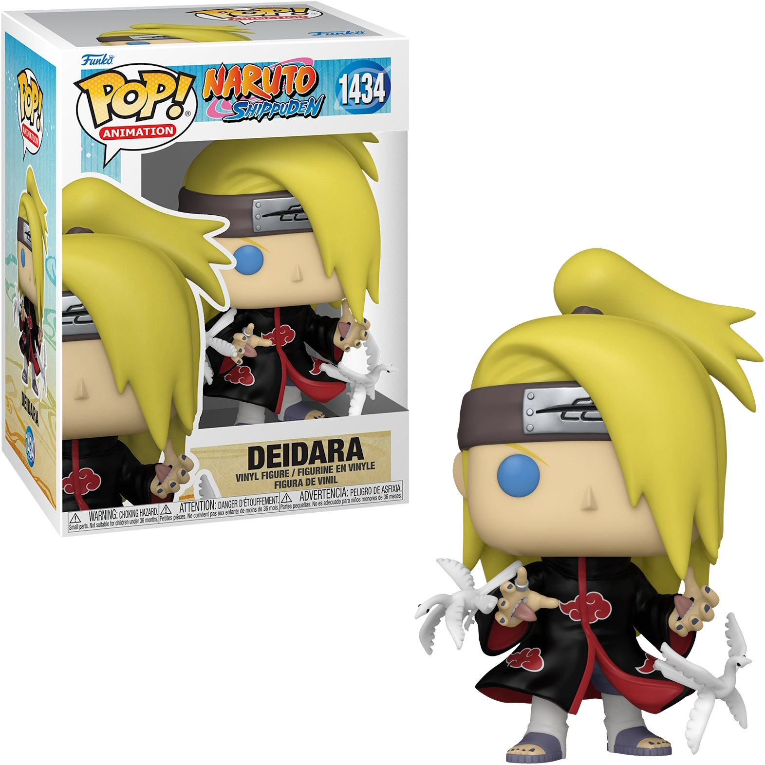 Figura Funko Pop di Deidara dentro e fuori dalla scatola. Capelli biondi e abito Akatsuki.