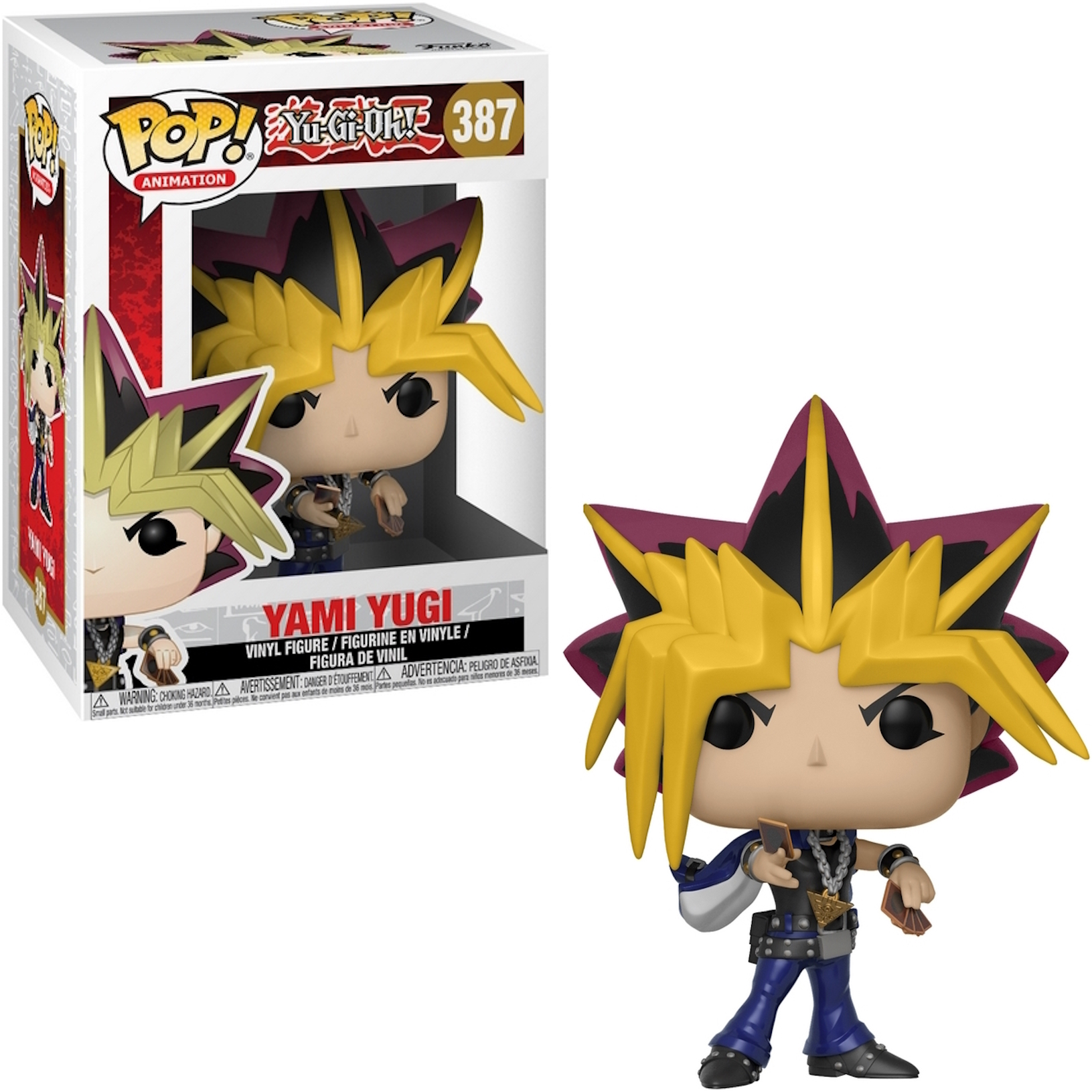 Yami Yugi Funko Pop! Figur in und aus der Box. Stachelige gelbe Haare, hält Karten, in einem blauen Outfit.