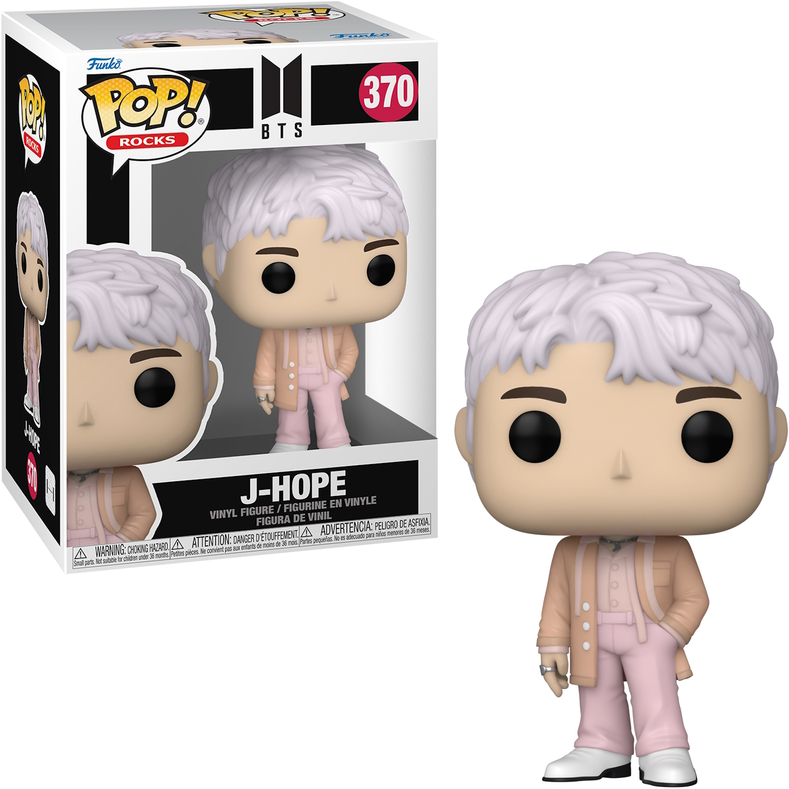 Figura de J-Hope Funko Pop en caja y fuera, con un atuendo rosa y cabello plateado, sobre un soporte blanco.