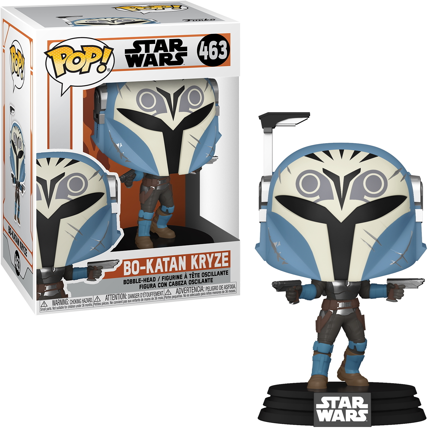 Bo-Katan Kryze Star Wars Funko Pop Figur mit Box. Blau-weiß behelmte Figur.