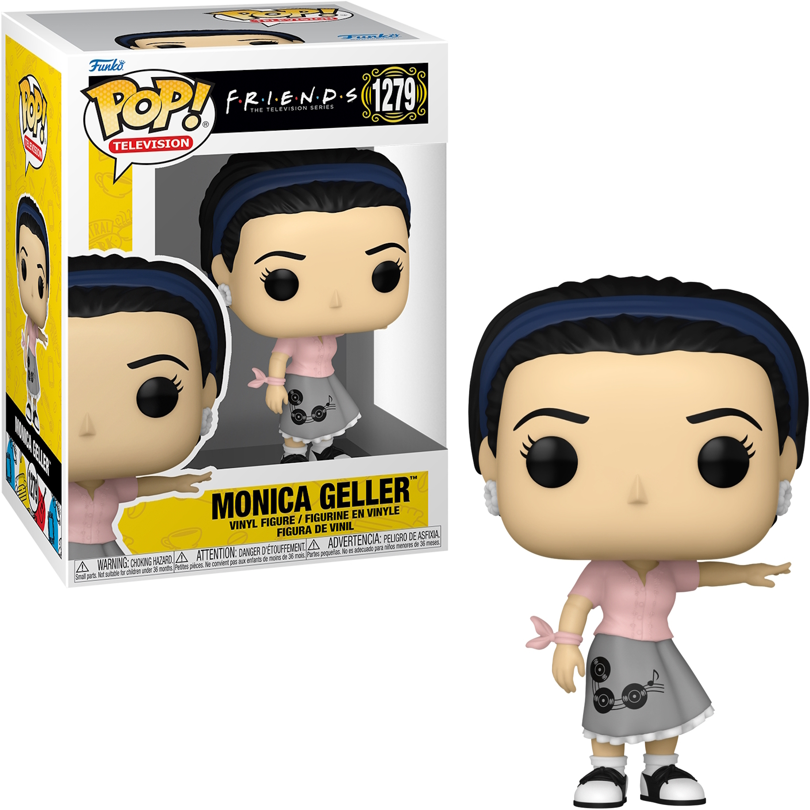 Una figura Funko Pop di Monica Geller di Friends, in una scatola e in piedi.