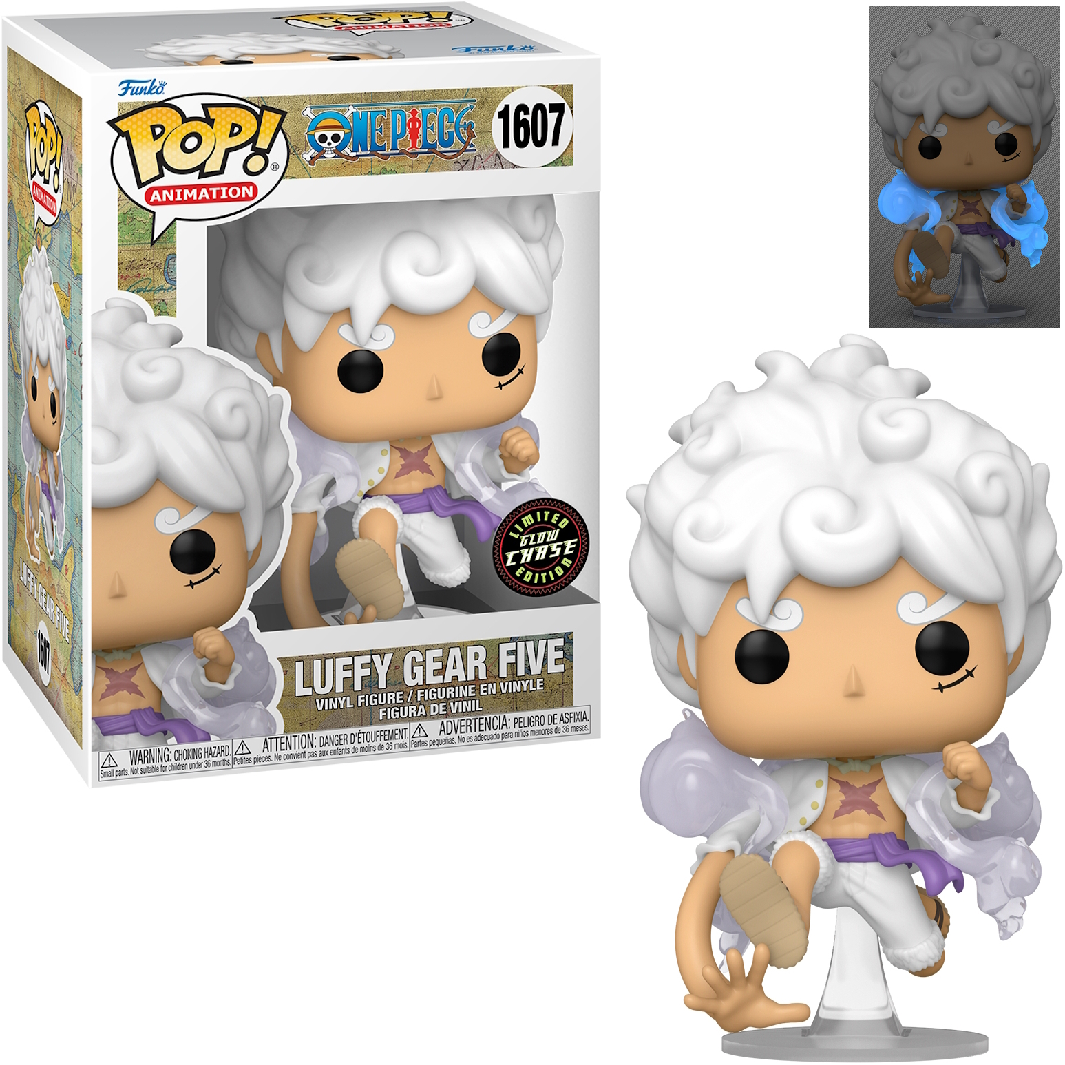 Figura Funko Pop de Luffy Gear Five. Cabello blanco, faja morada y pose animada. Arte de la caja incluido.