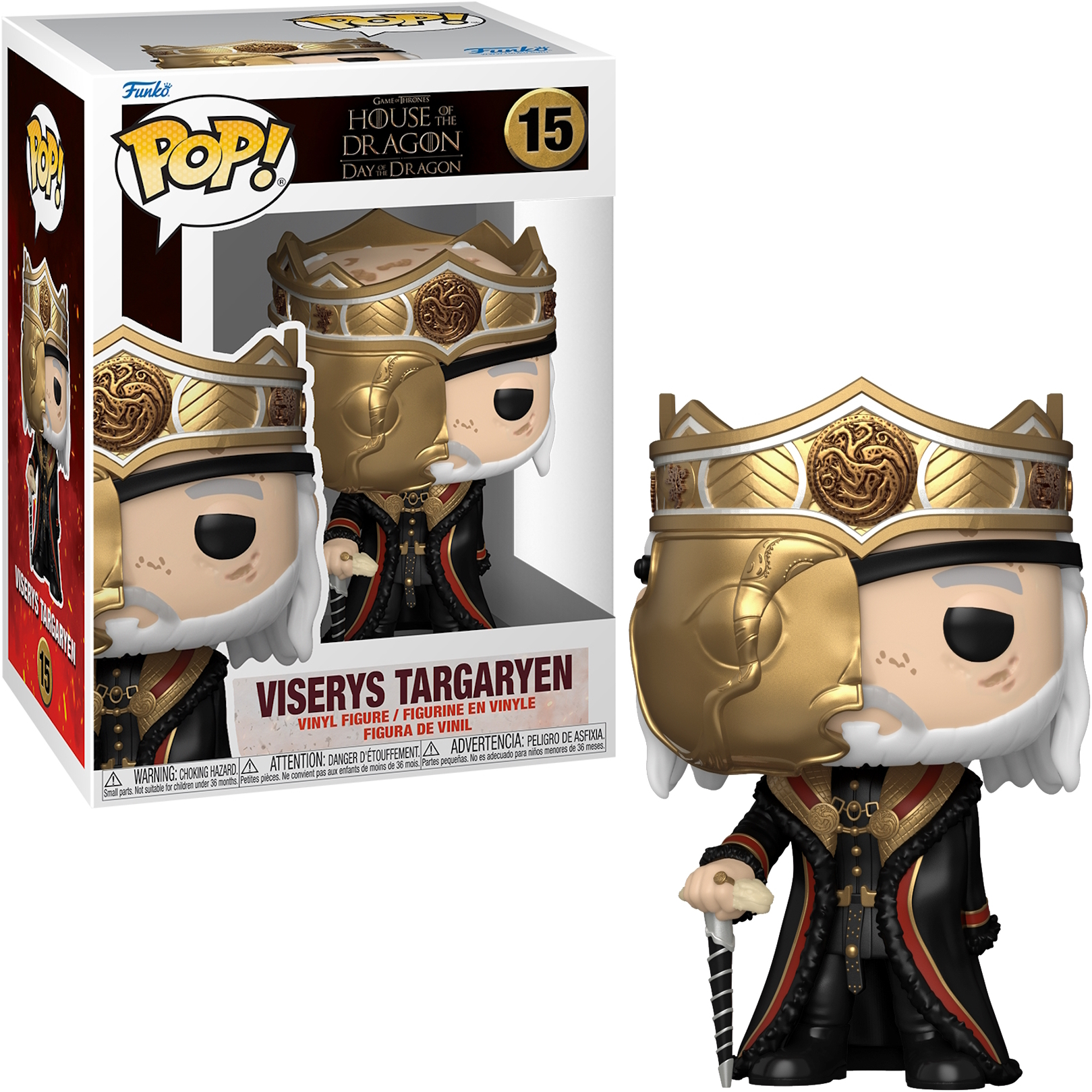 Viserys Targaryen Figur in Box, goldene Krone, schwarzes und rotes Outfit, aus House of the Dragon.
