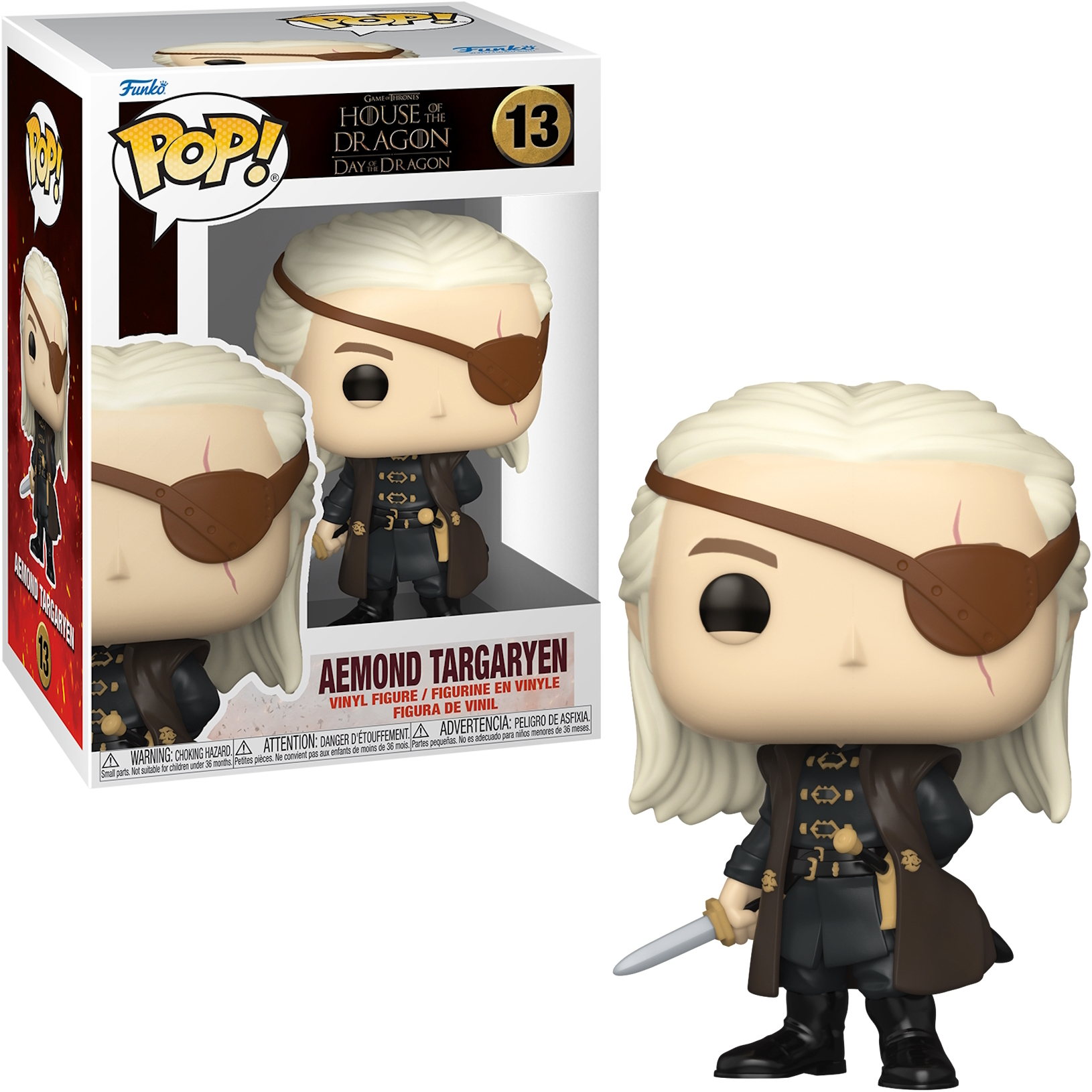 Aemond Targaryen Funko Pop Figur. Er trägt eine Augenklappe und ein Schwert vor der Box.