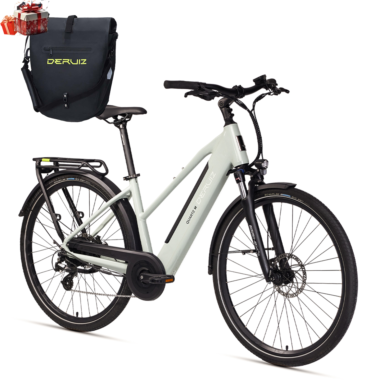 Ein hellgrünes Elektrofahrrad mit schwarzen Reifen und einer schwarzen Tasche. Geschenke sind oben links. Die Marke ist DERUIZ.