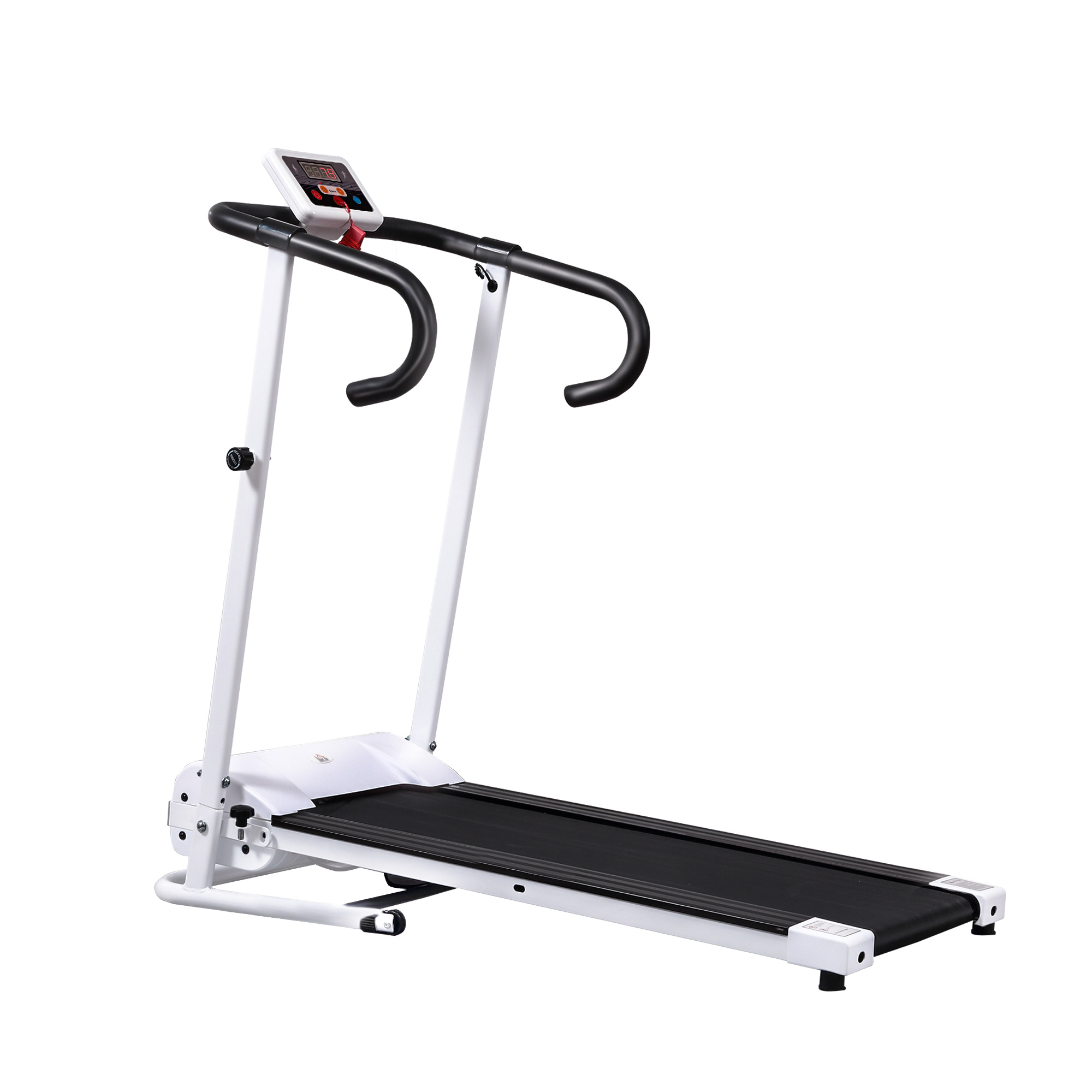 Un tapis roulant bianco e nero. Maniglie nere e superficie di corsa. Telaio bianco.