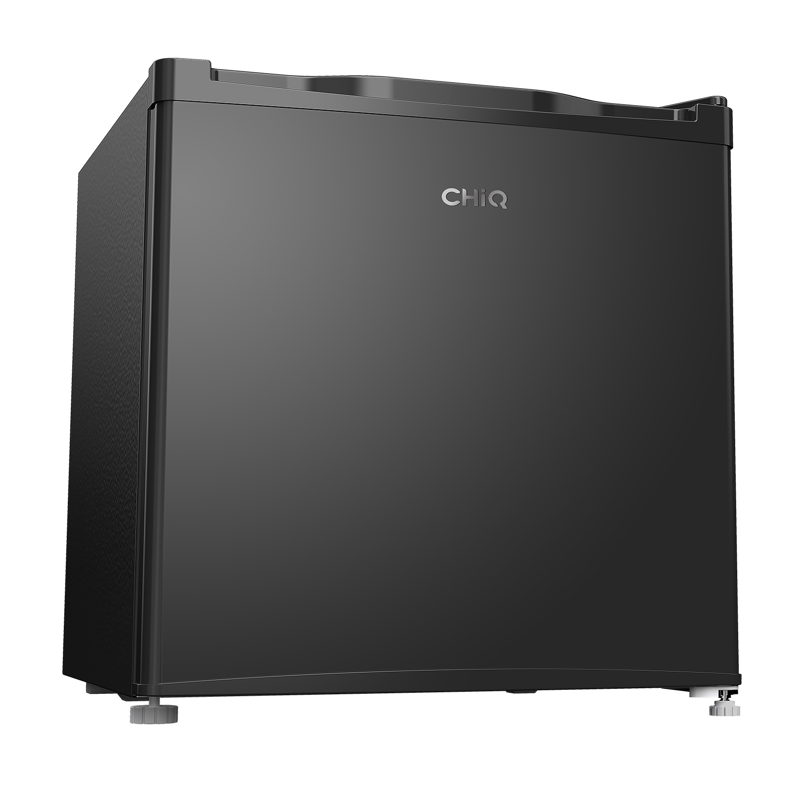 Schwarzer CHiQ Mini-Kühlschrank mit griffloser Tür und vier Füßen.
