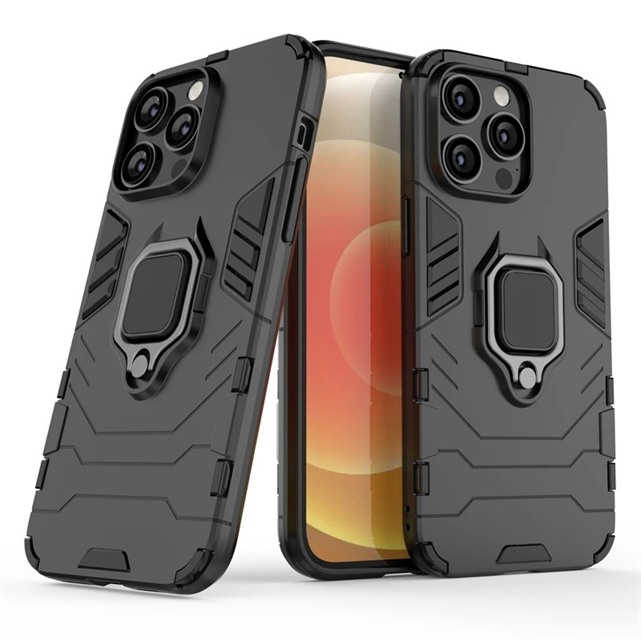 Coques de téléphone noires avec supports d'anneau, l'une montre un téléphone à l'intérieur.