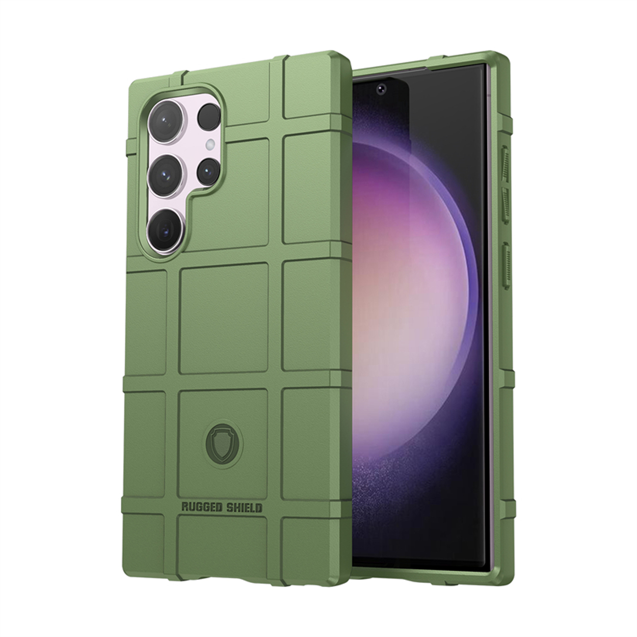 Groene robuuste telefoonhoes, voorkant en telefoon erin. Telefoon inbegrepen.